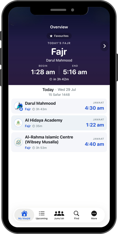 The Musally app showing the next prayer and today's jama'ah times