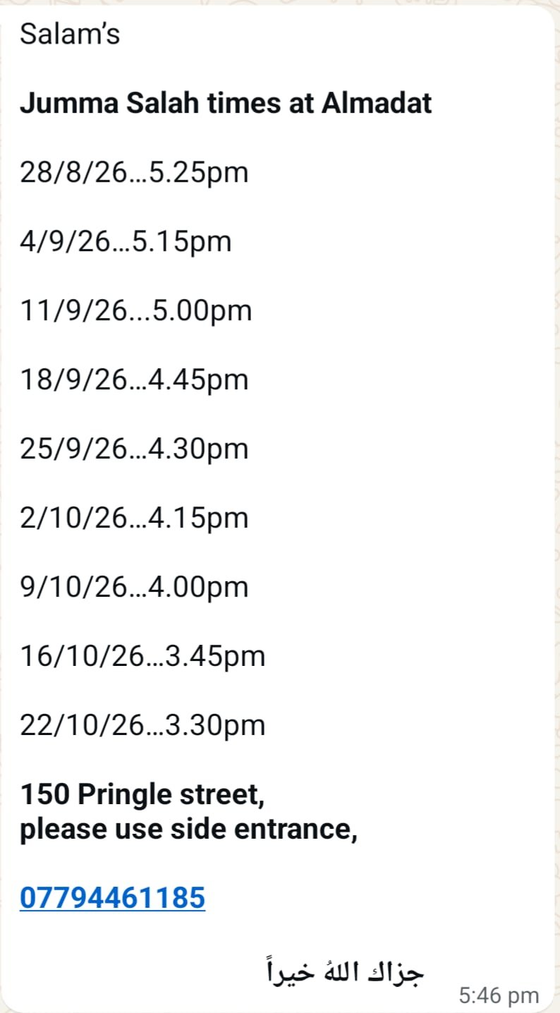 Jumu'ah times till 22/10/2026