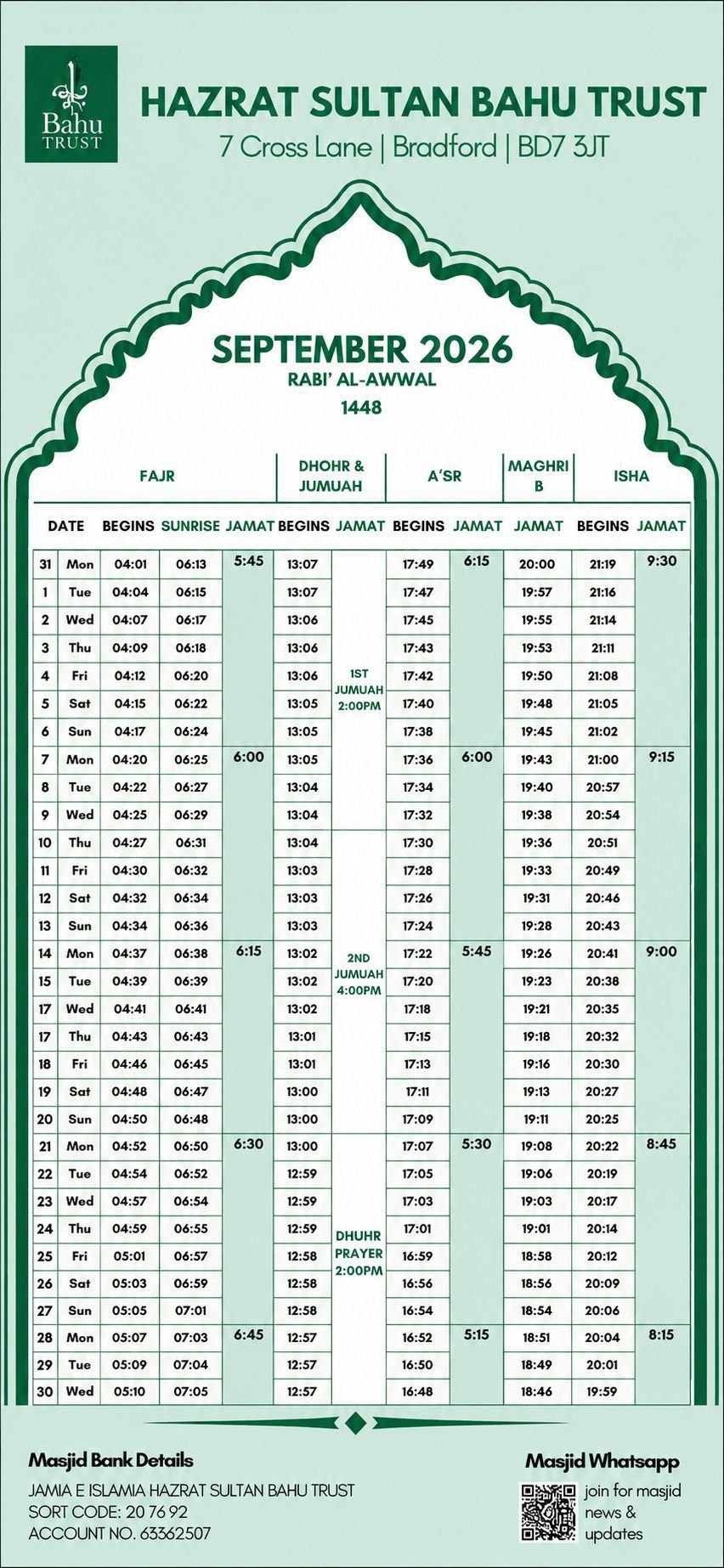 Timetable published by Sultan Bahu for September 2026