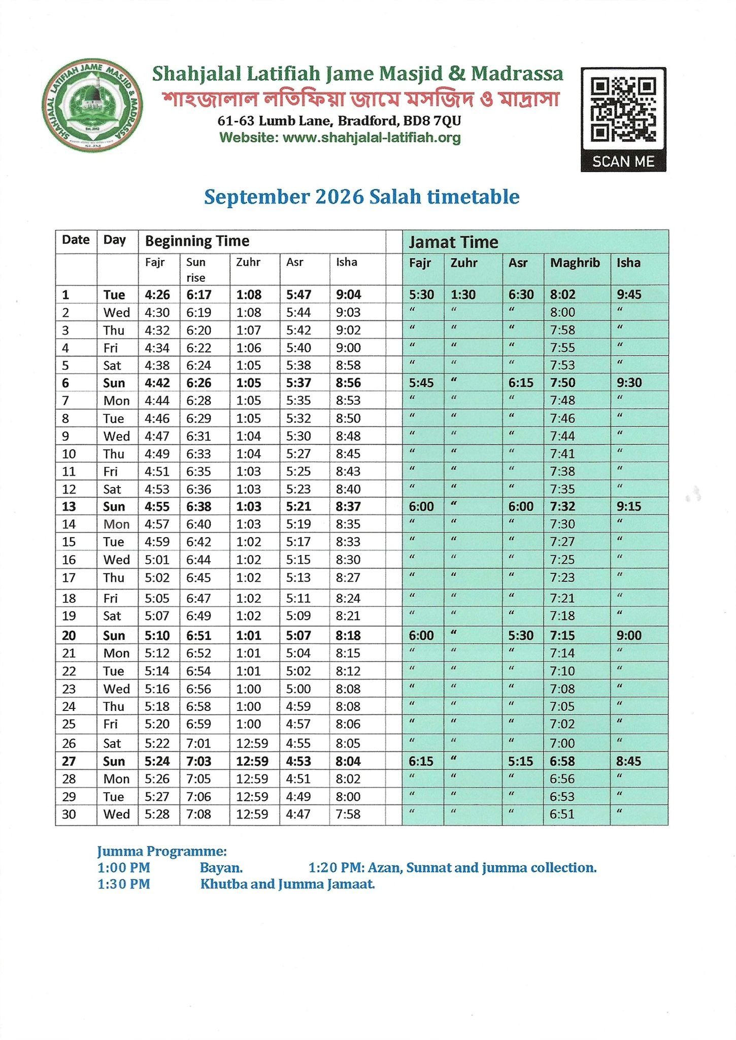Timetable published by Shahjalal Latifiah Masjid for September 2026