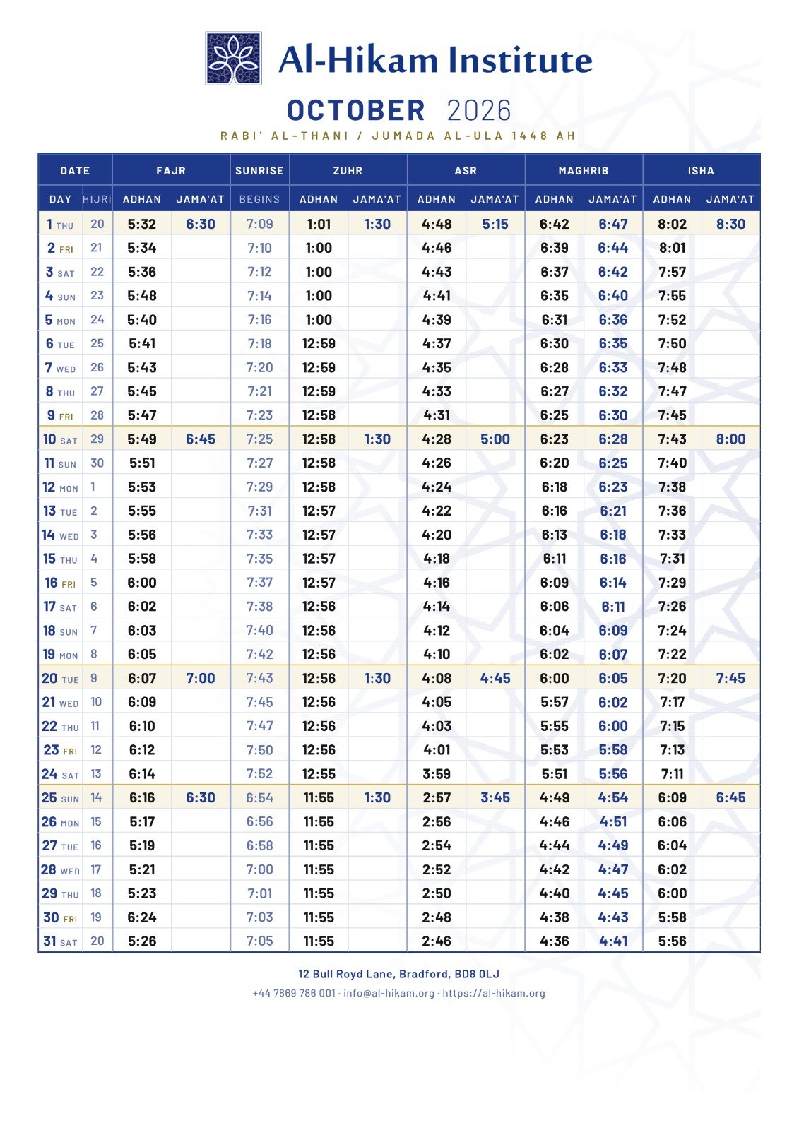 Timetable published by Al Hikam Institute for October 2026