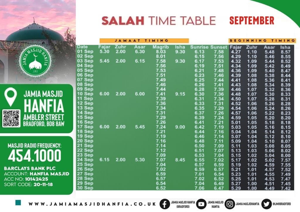 Timetable published by Jamia Masjid Hanfia for September 2026