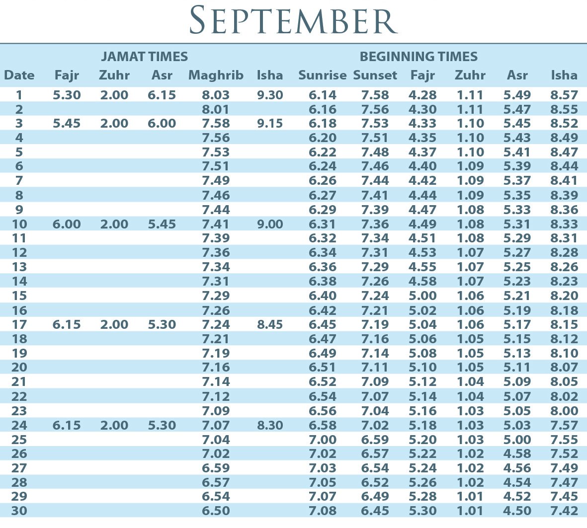 Timetable published by Jamia Naqshbandia Aslamia for September 2026