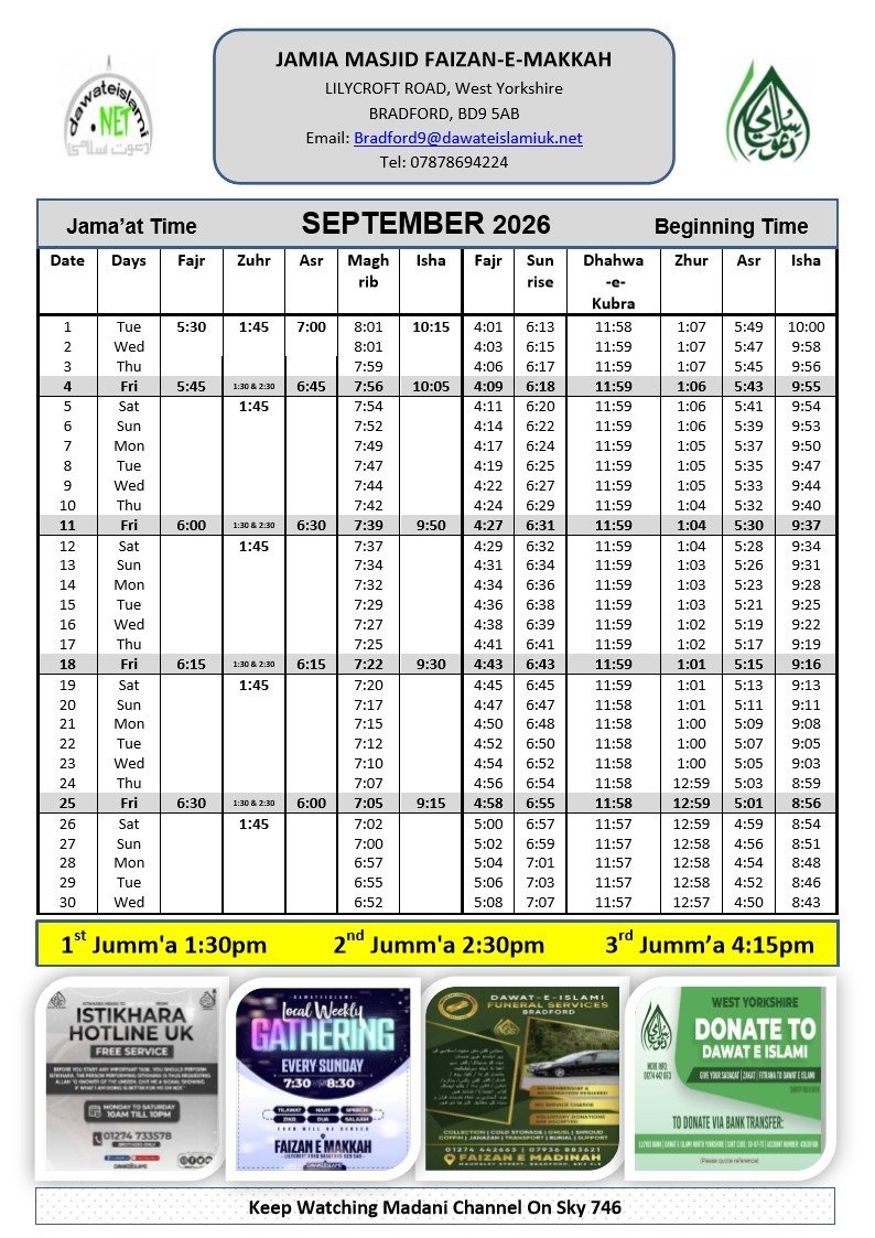 Timetable published by Faizan e Makkah for September 2026
