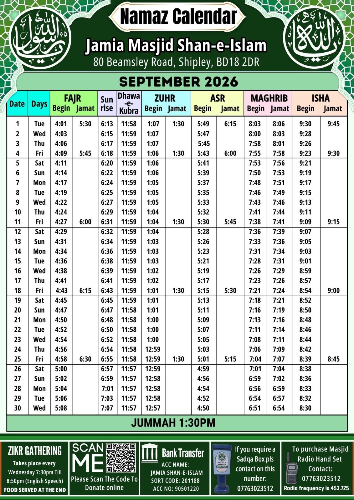 Timetable published by Jamia Shan-e Islam for September 2026