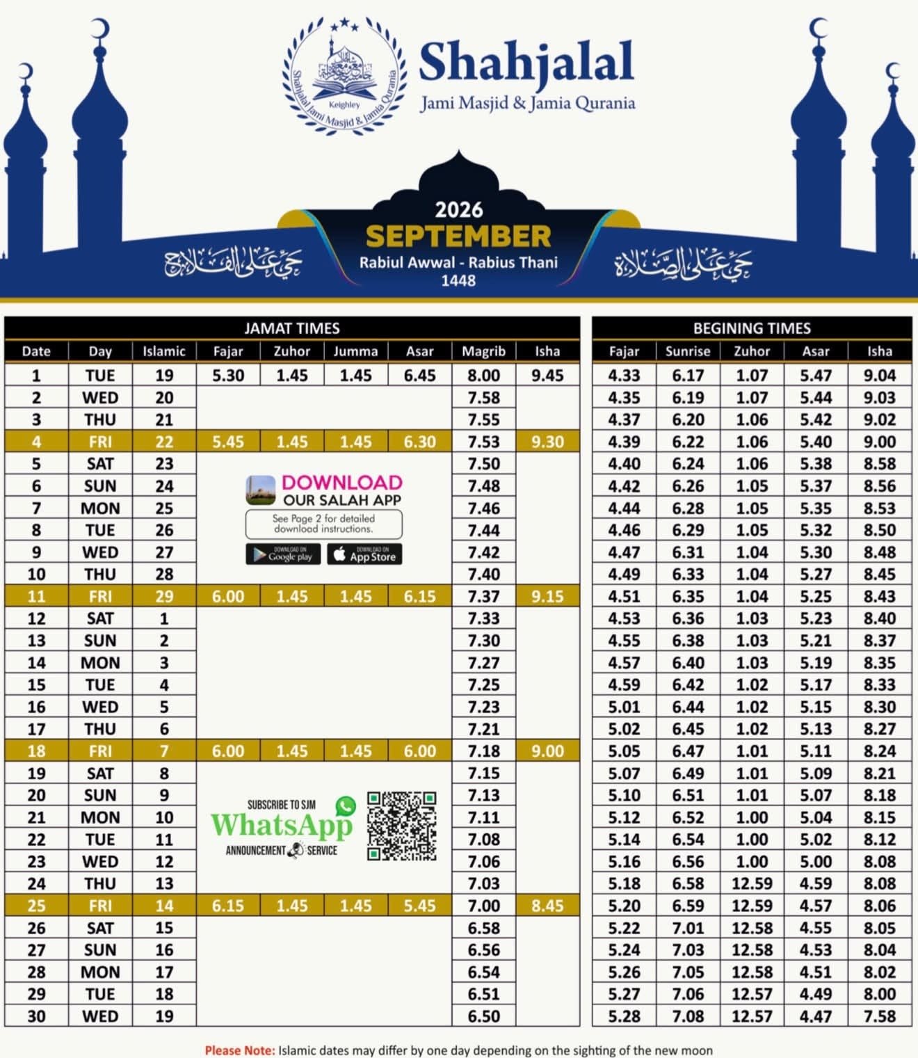 Timetable published by Shahjalal Jami Masjid for September 2026