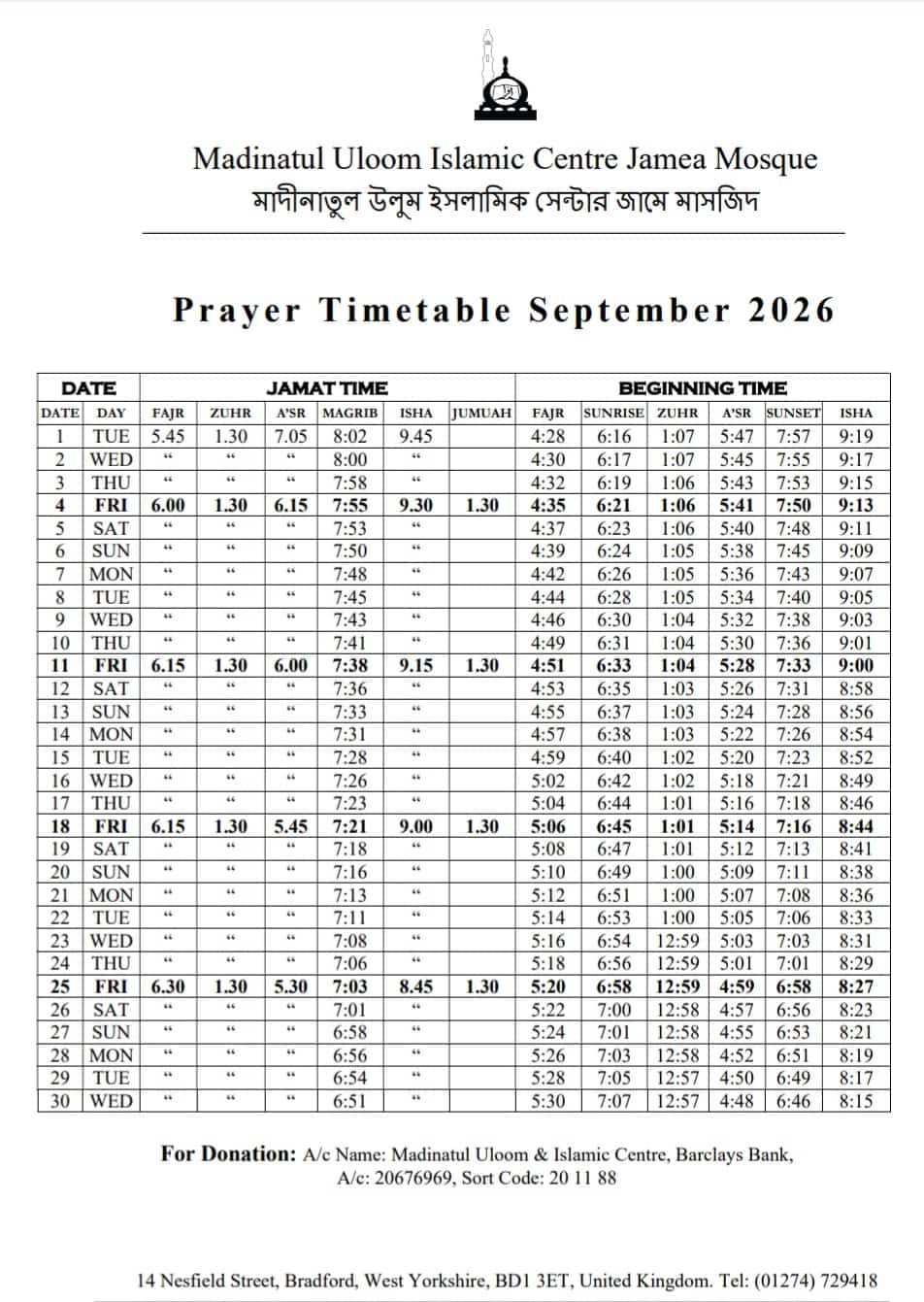 Timetable published by Madinatul Uloom & Islamic Center Jamea Mosque for September 2026