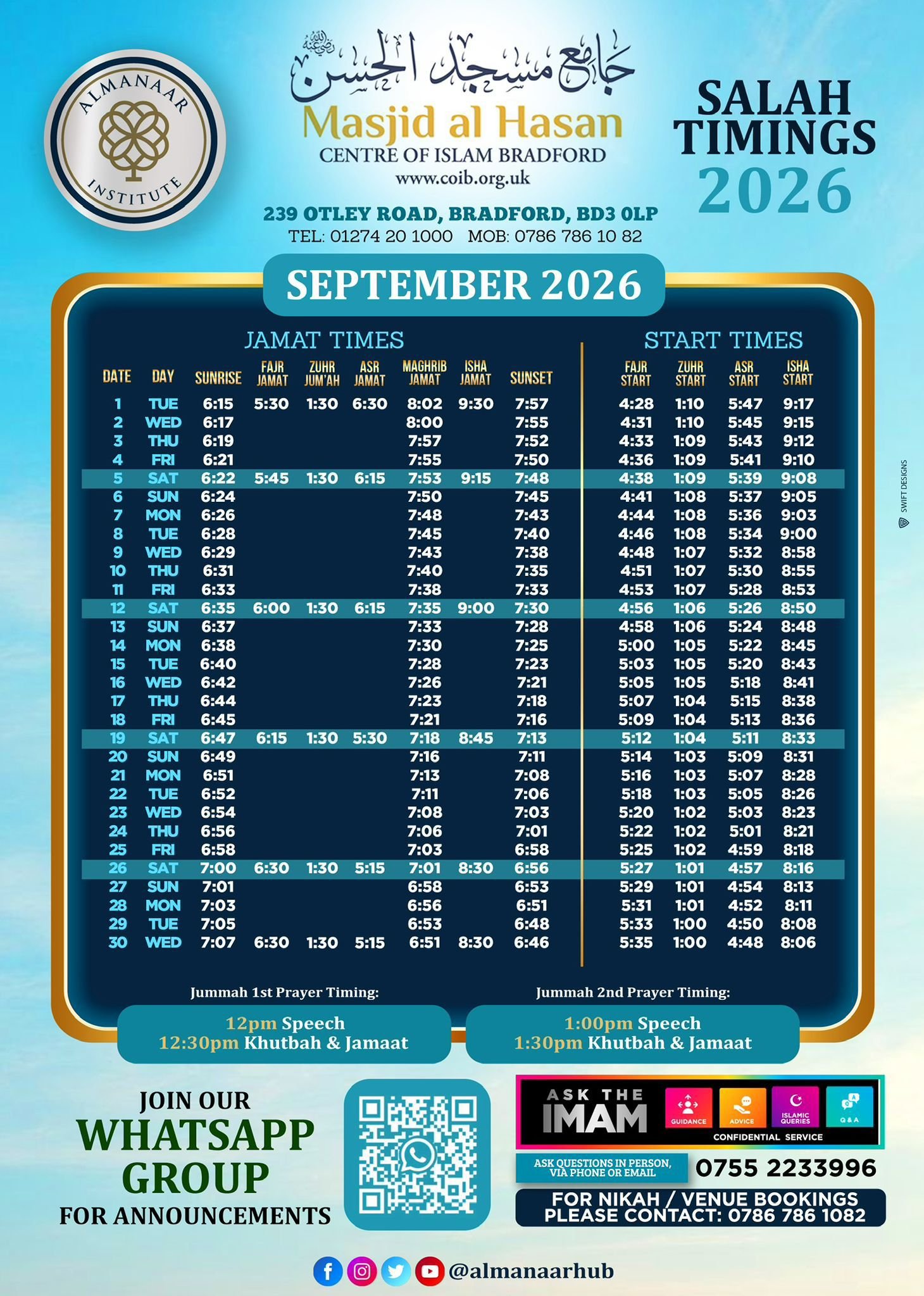 Timetable published by Al Manaar Institute for September 2026