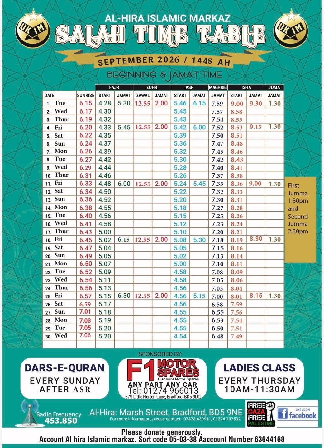 Timetable published by UKIM Al-Hira Islamic Centre for September 2026
