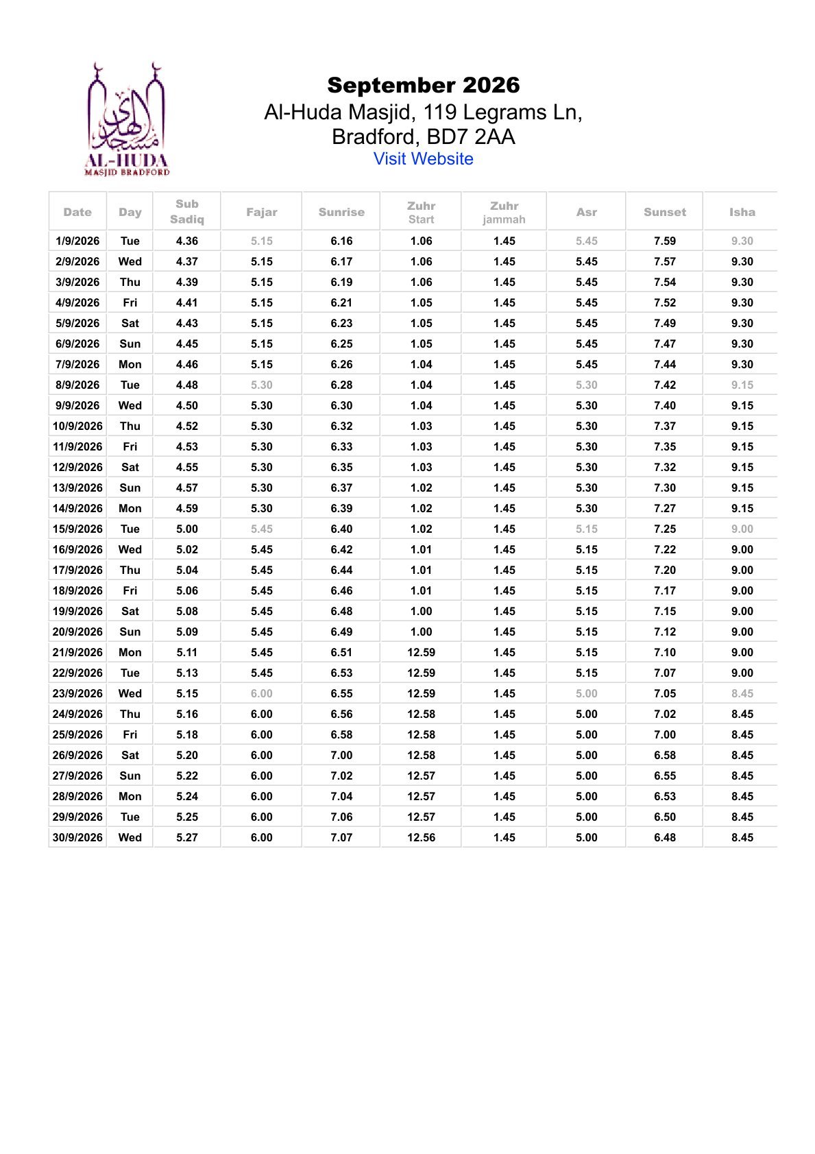 Timetable published by Al-Huda Masjid for September 2026
