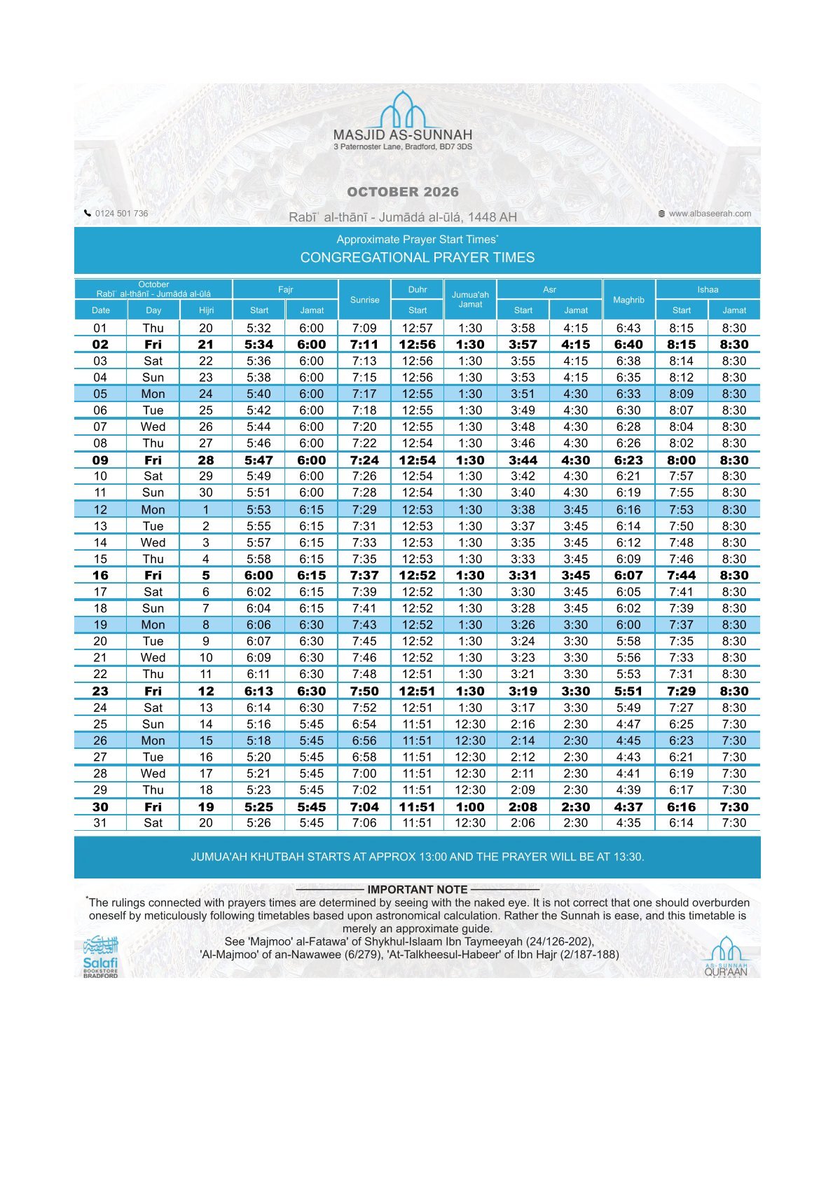 Timetable published by Masjid As-Sunnah for October 2026