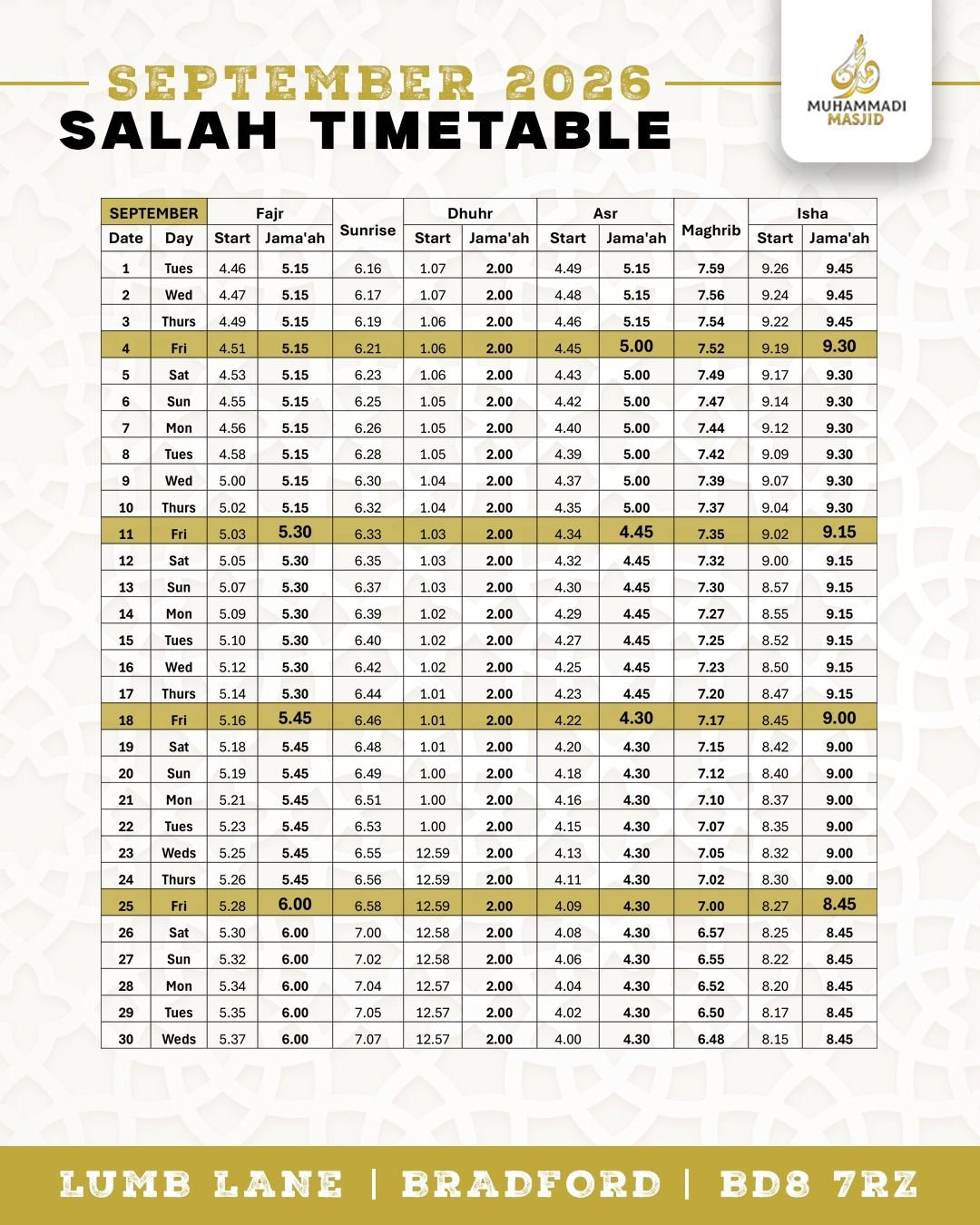 Timetable published by Muhammadi Masjid for September 2026