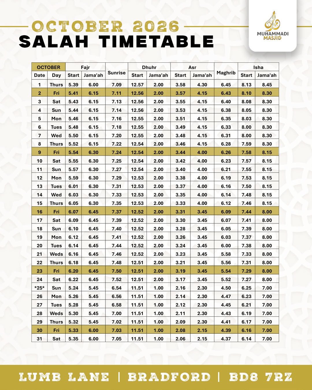 Timetable published by Muhammadi Masjid for October 2026