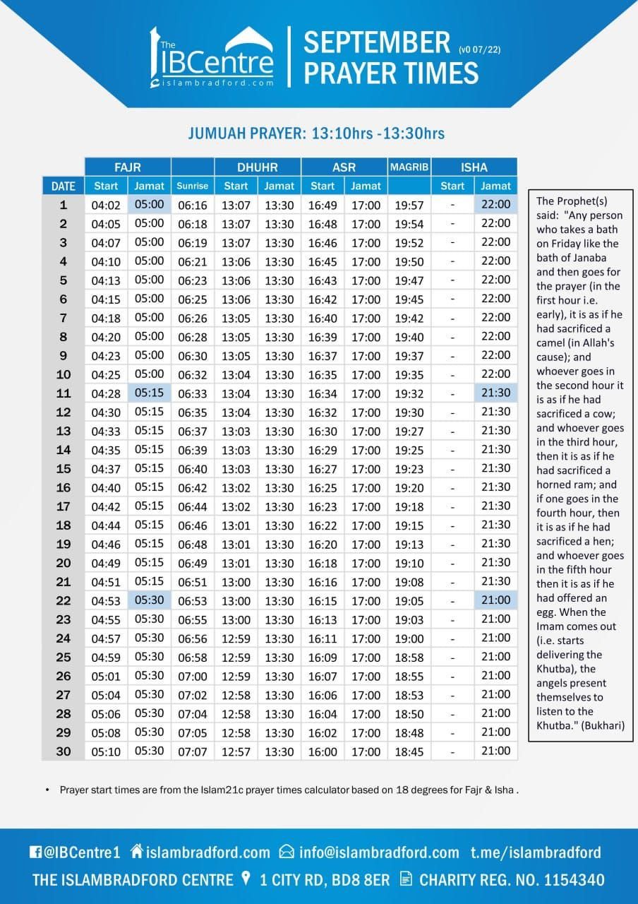 Timetable published by Islam Bradford Centre for September 2026