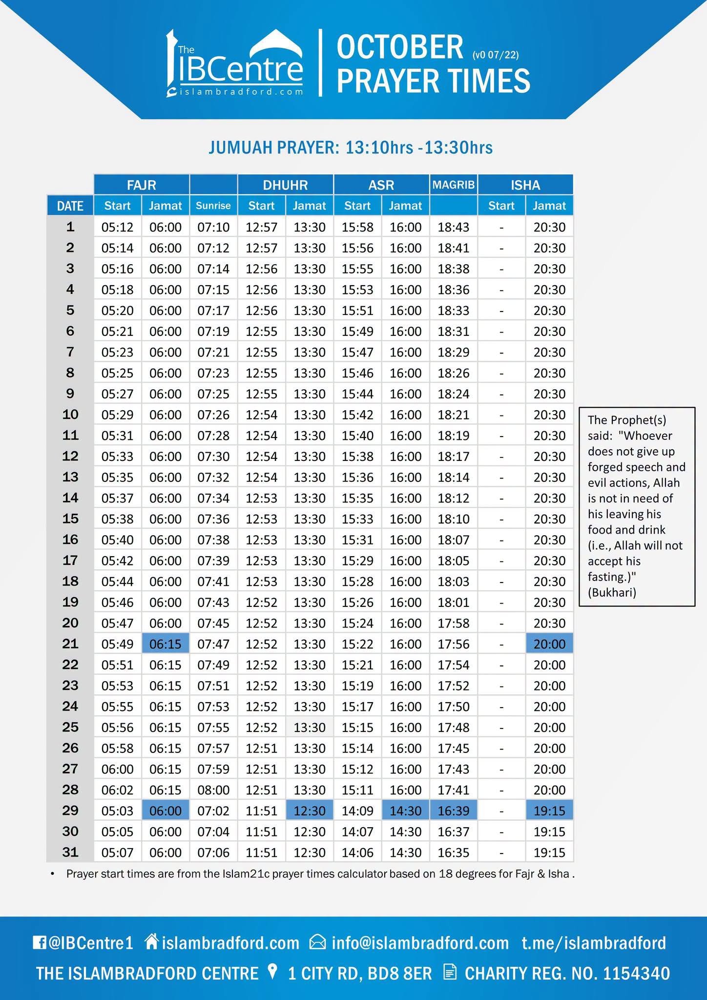 Timetable published by Islam Bradford Centre for October 2026