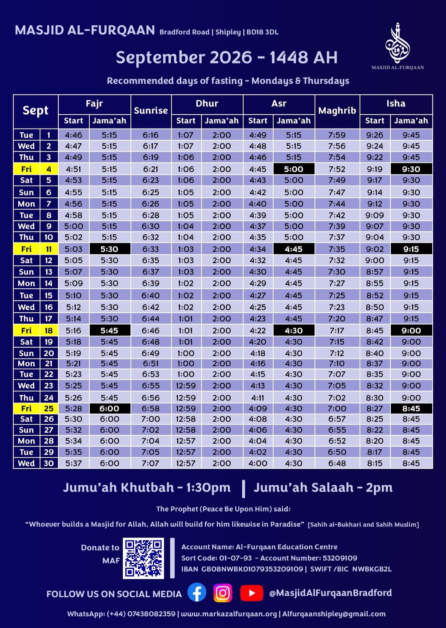 Timetable published by Masjid Al-Furqaan and Education Centre for September 2026