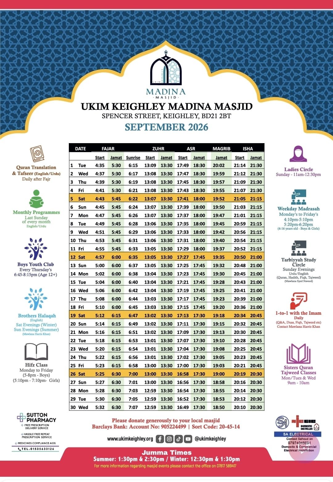 Timetable published by UKIM Madina Mosque for September 2026