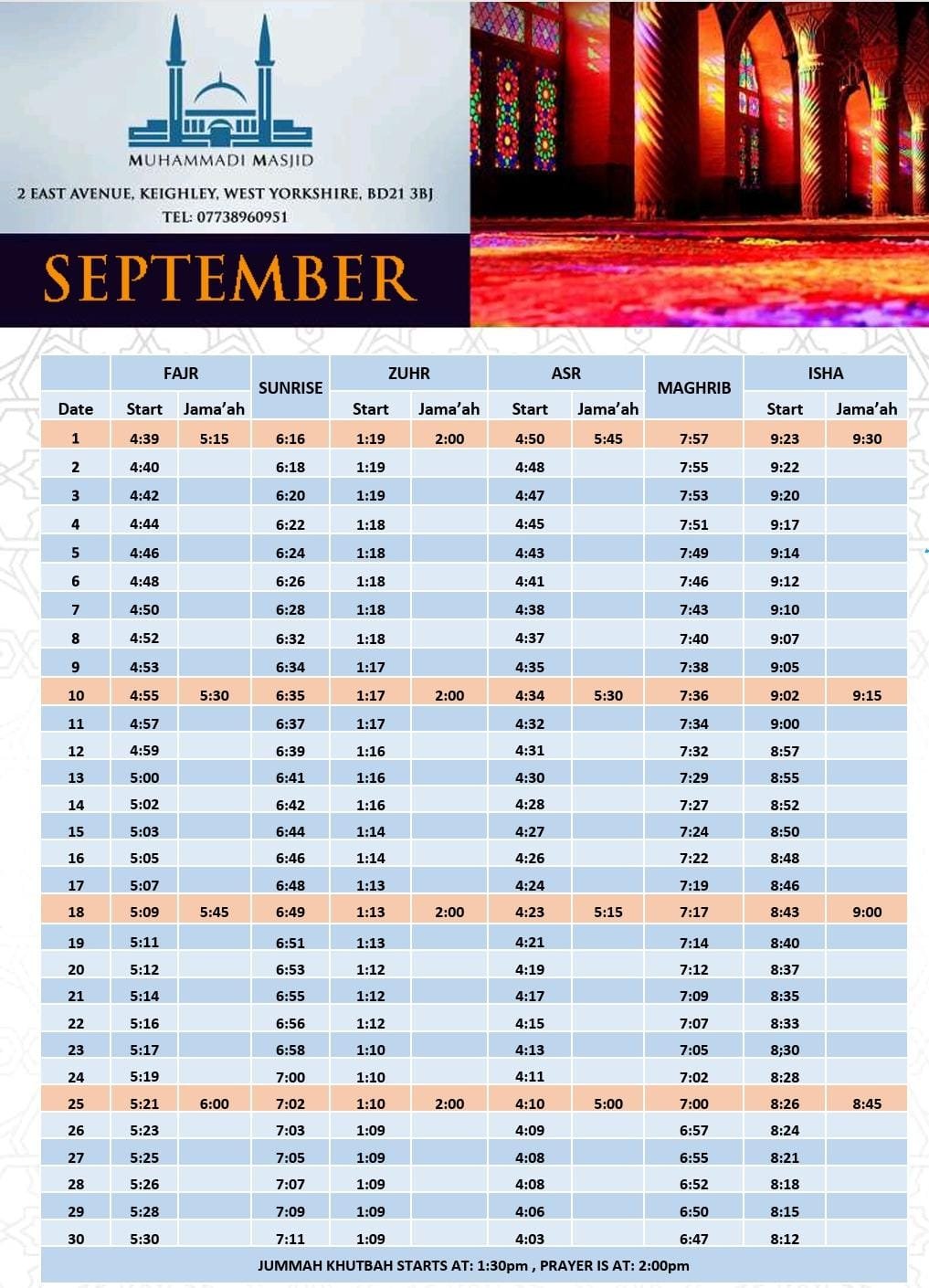 Timetable published by Muhammadi Masjid (Keighley) for September 2026