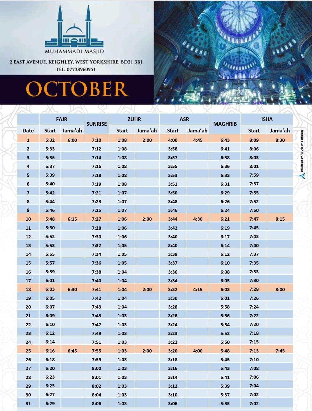 Timetable published by Muhammadi Masjid (Keighley) for October 2026
