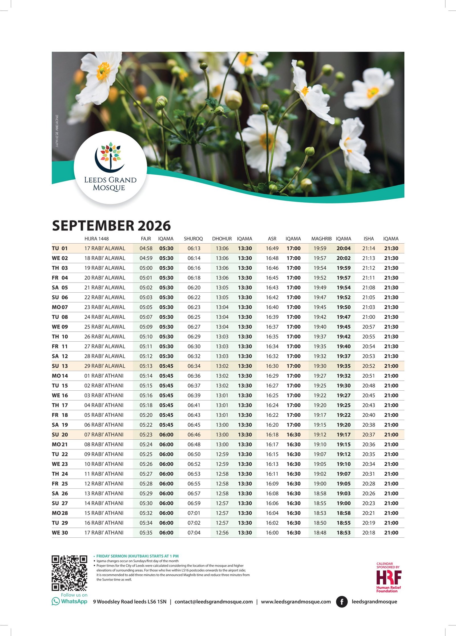 Timetable published by Leeds Grand Mosque for September 2026