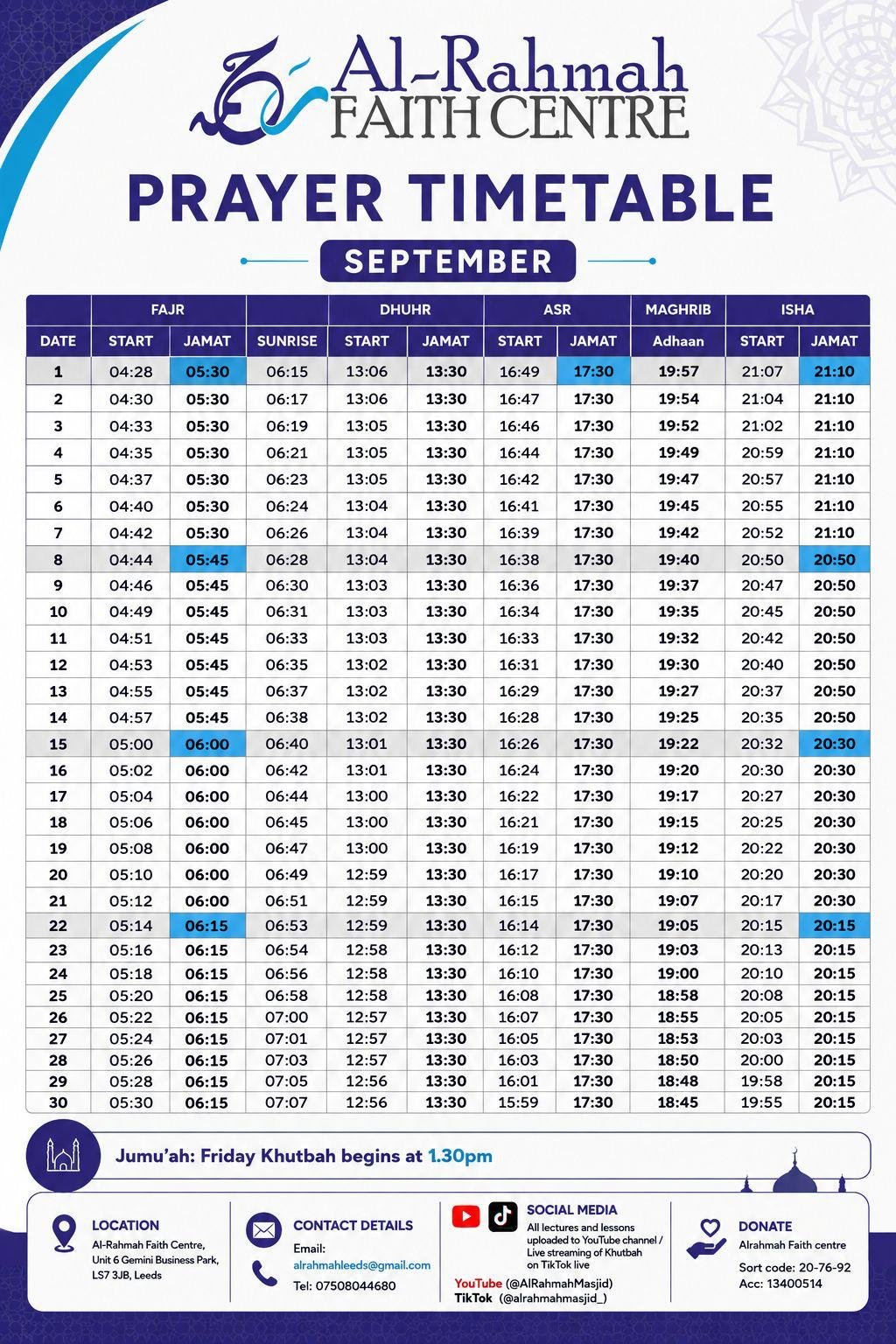 Timetable published by Al-Rahmah Faith Centre for September 2026