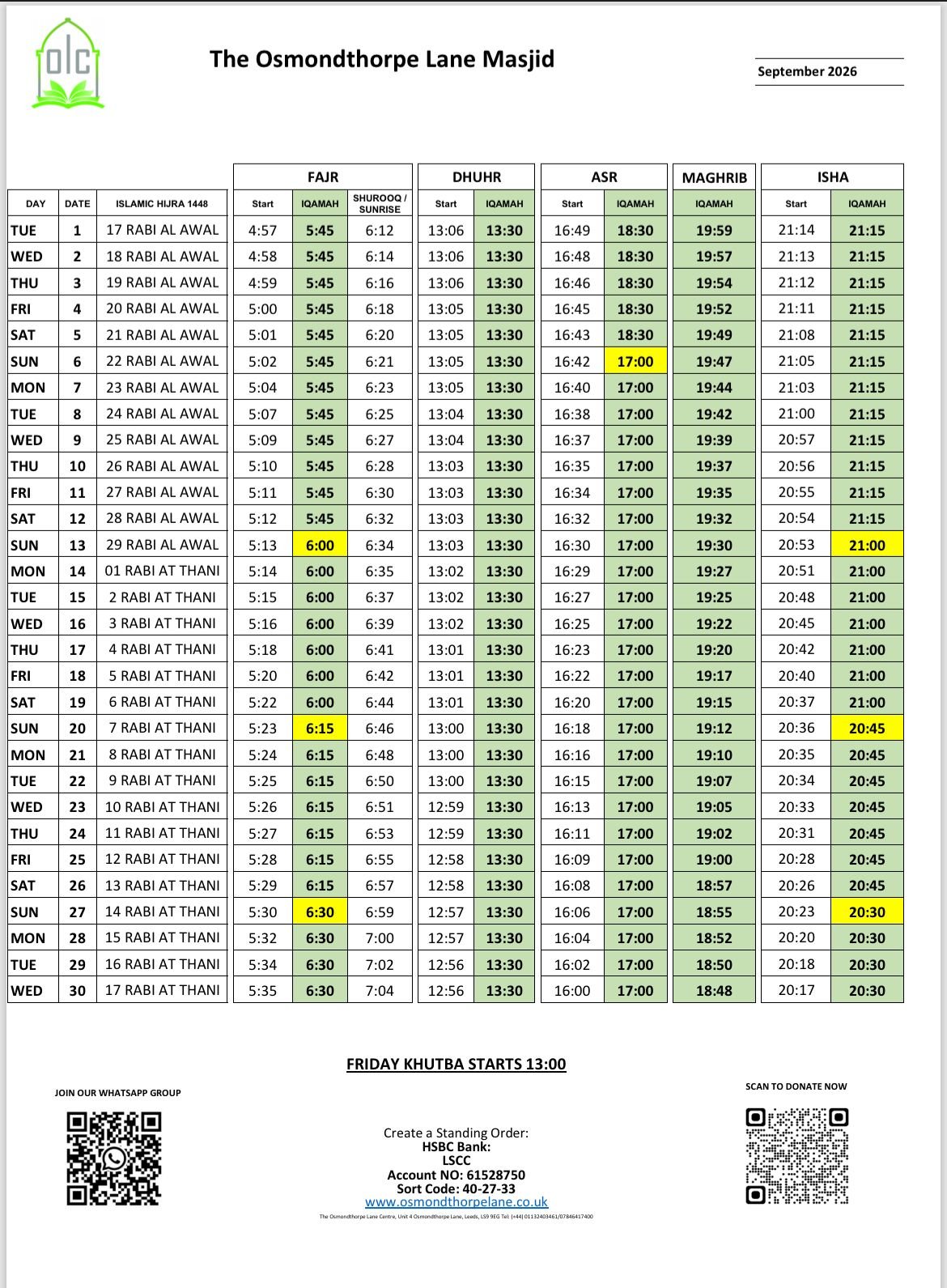 Timetable published by The Osmondthorpe Lane Masjid for September 2026