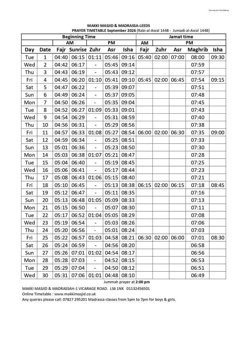 Timetable published by Makki Masjid Leeds for September 2026
