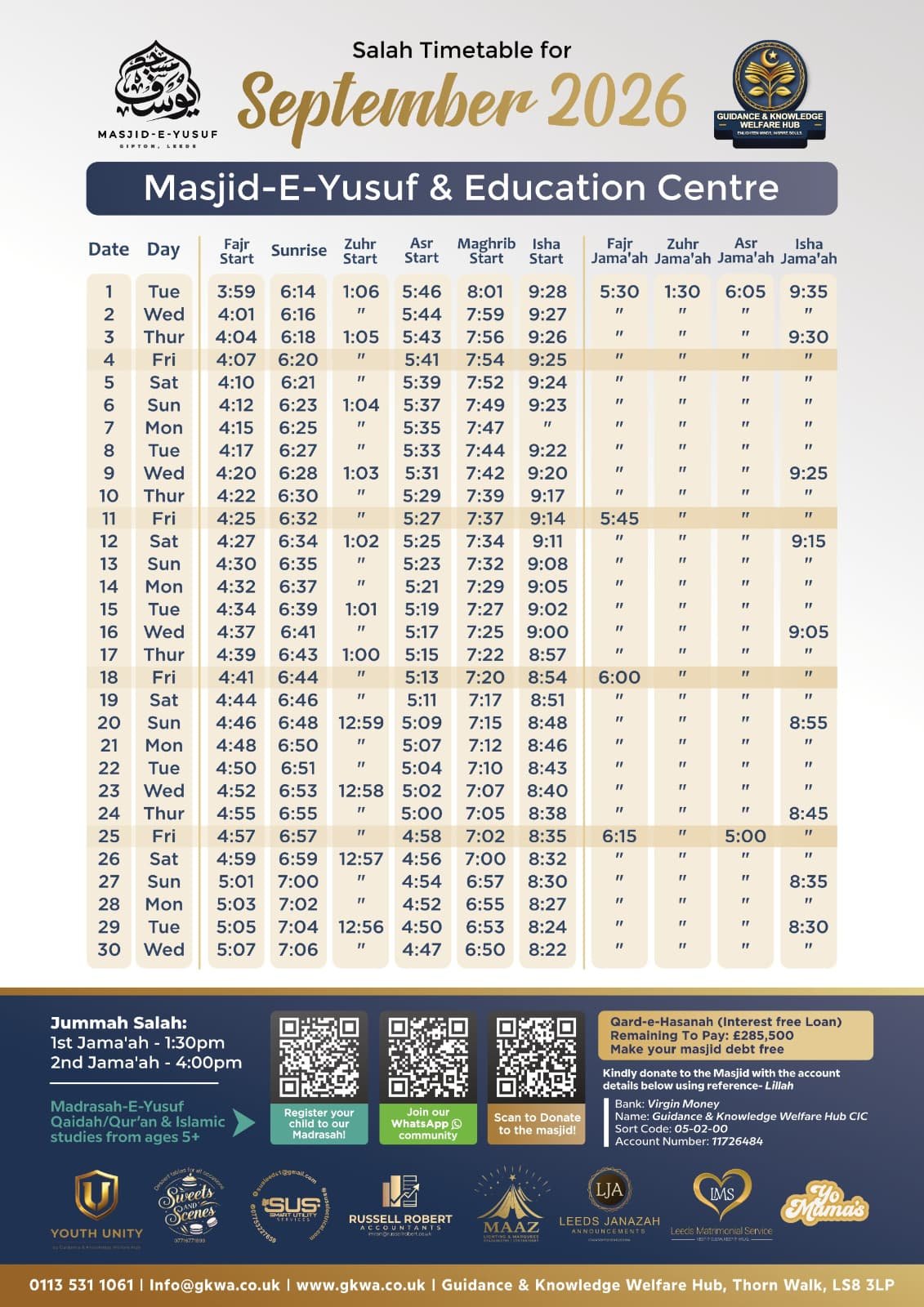 Timetable published by Masjid-e-Yusuf for September 2026