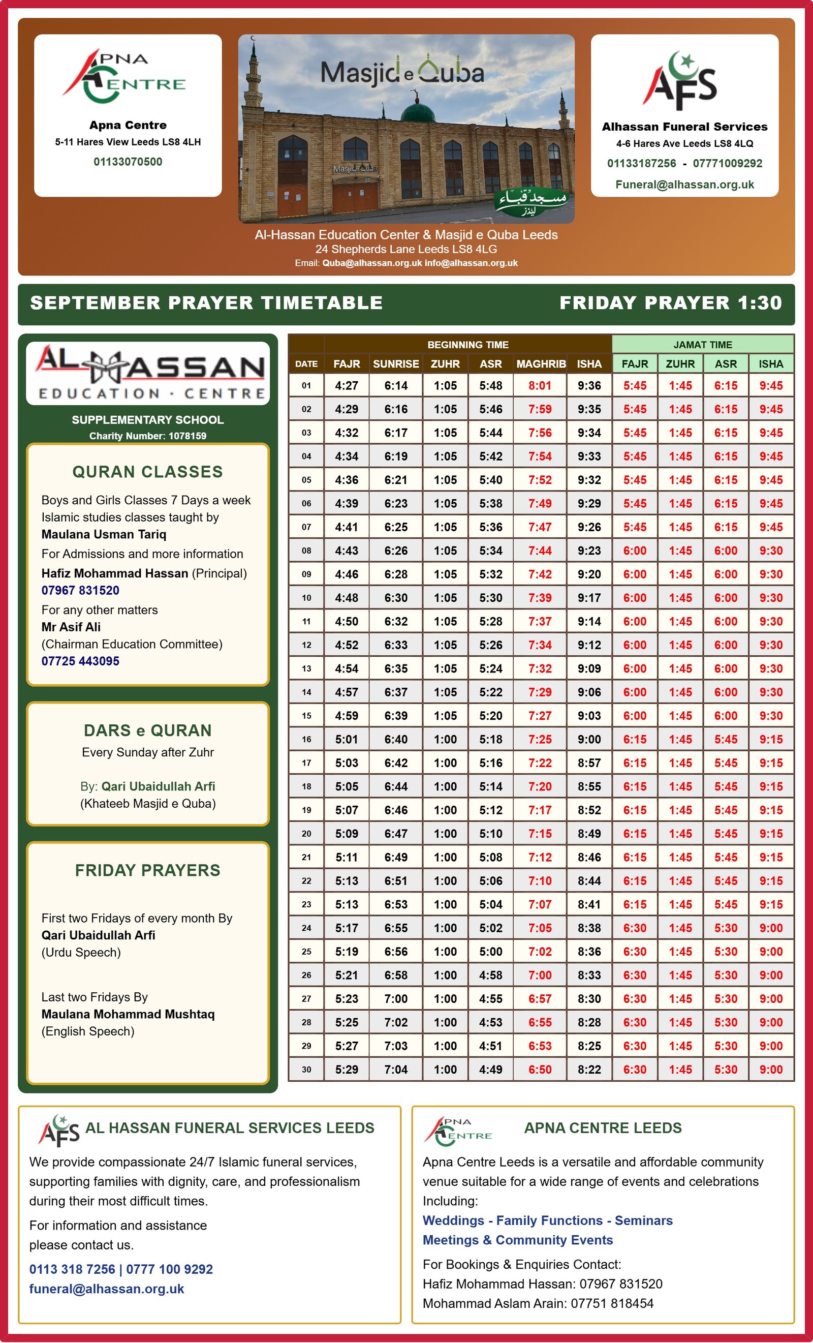 Timetable published by Masjid Quba for September 2026