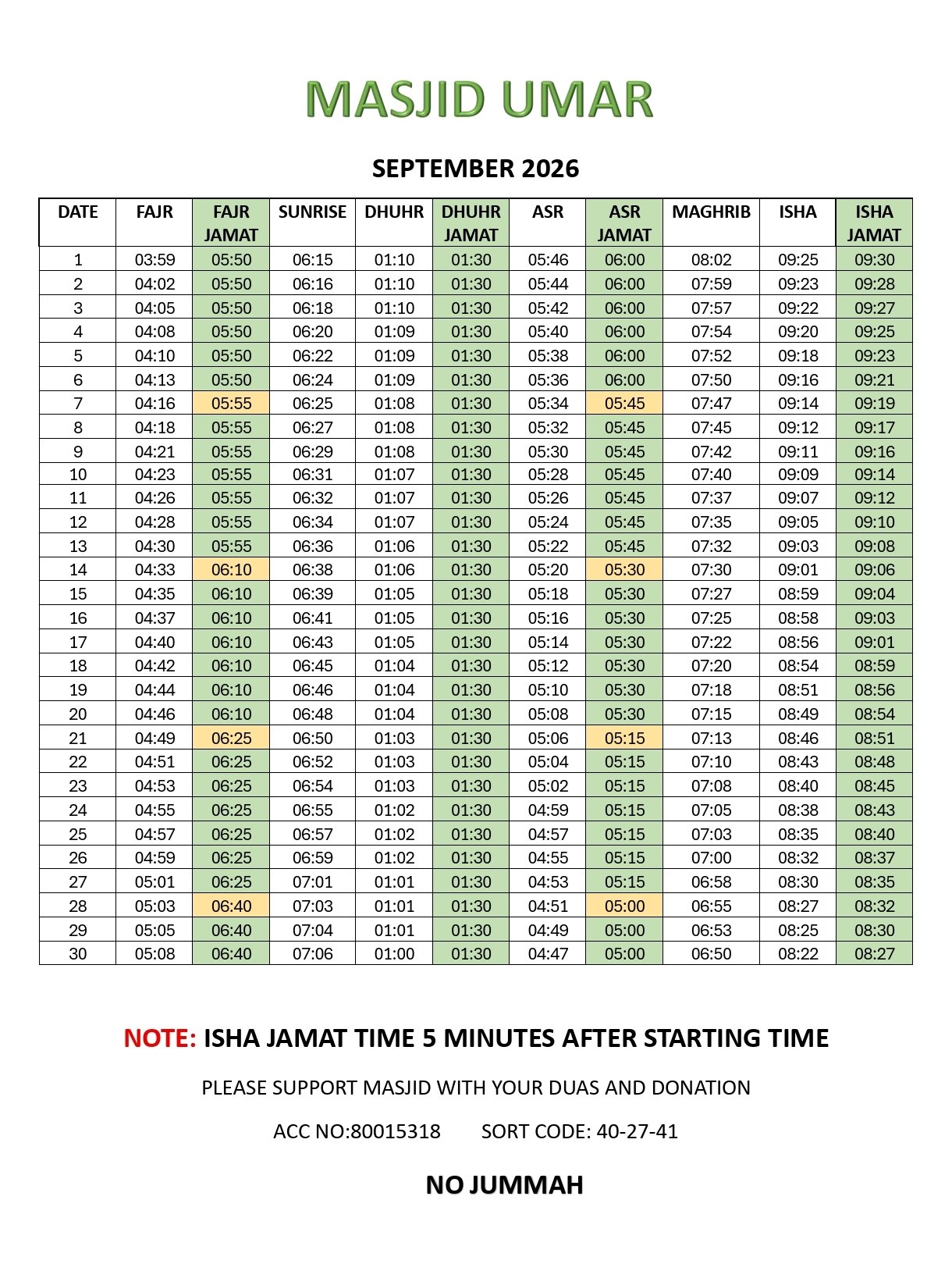 Timetable published by Masjid Umar for September 2026
