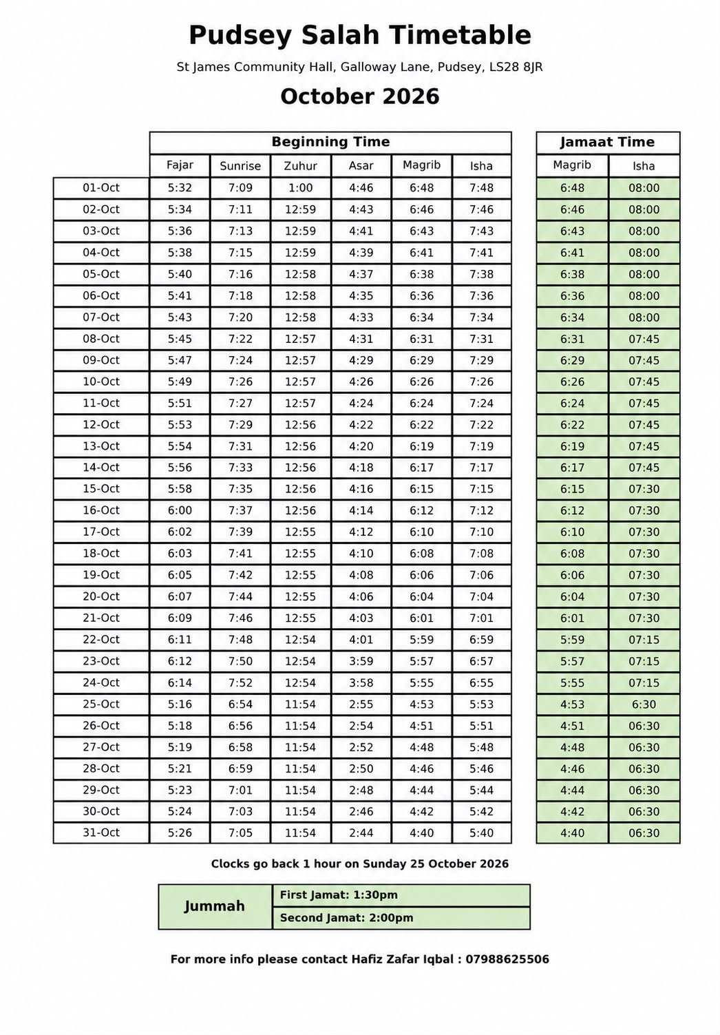 Timetable published by P&C Islamic Centre (St James Community Hall) for October 2026