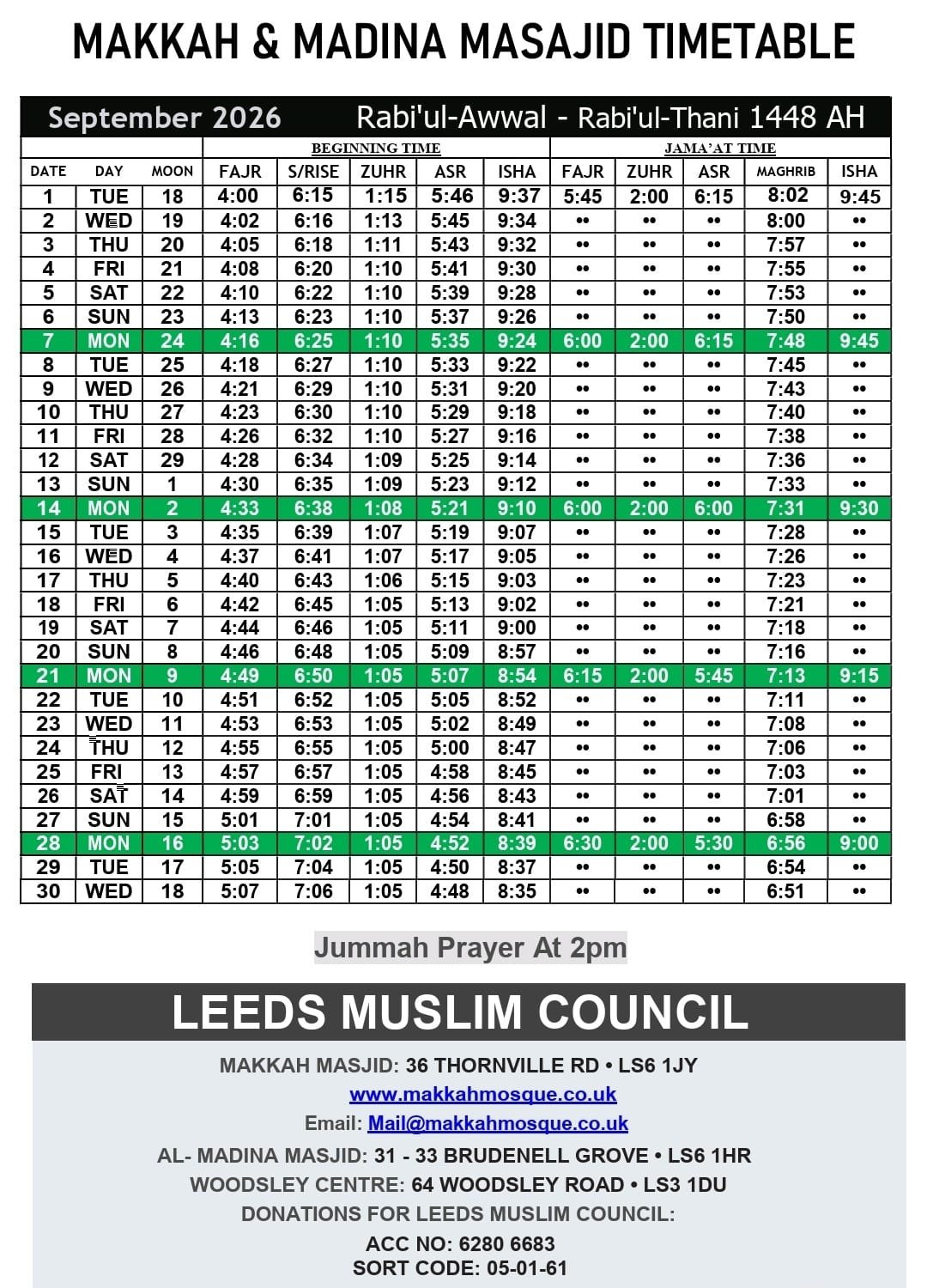 Timetable published by Makkah Mosque for September 2026