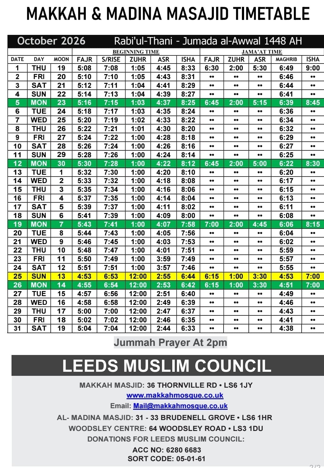 Timetable published by Makkah Mosque for October 2026