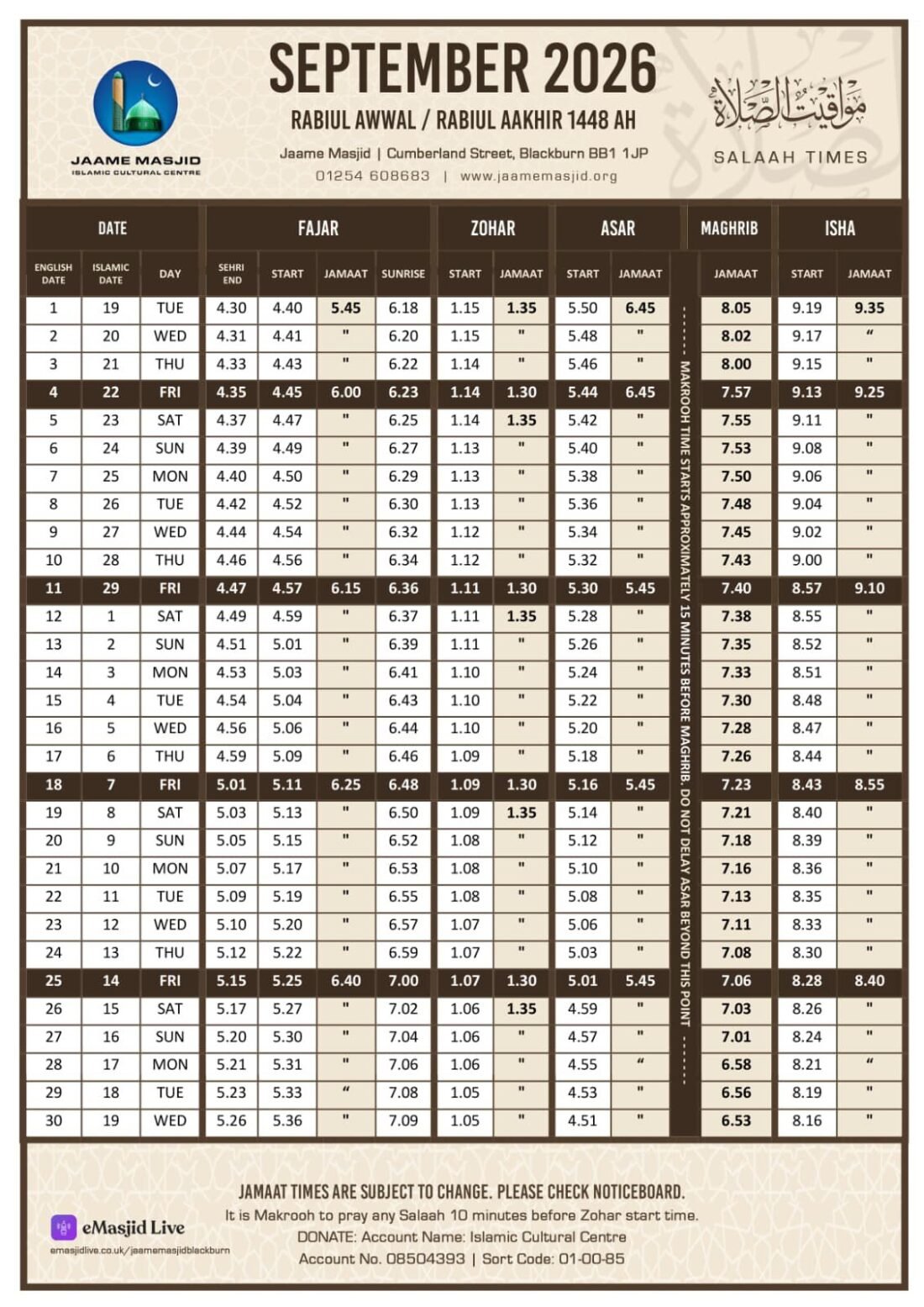 Timetable published by Jaame Masjid for September 2026