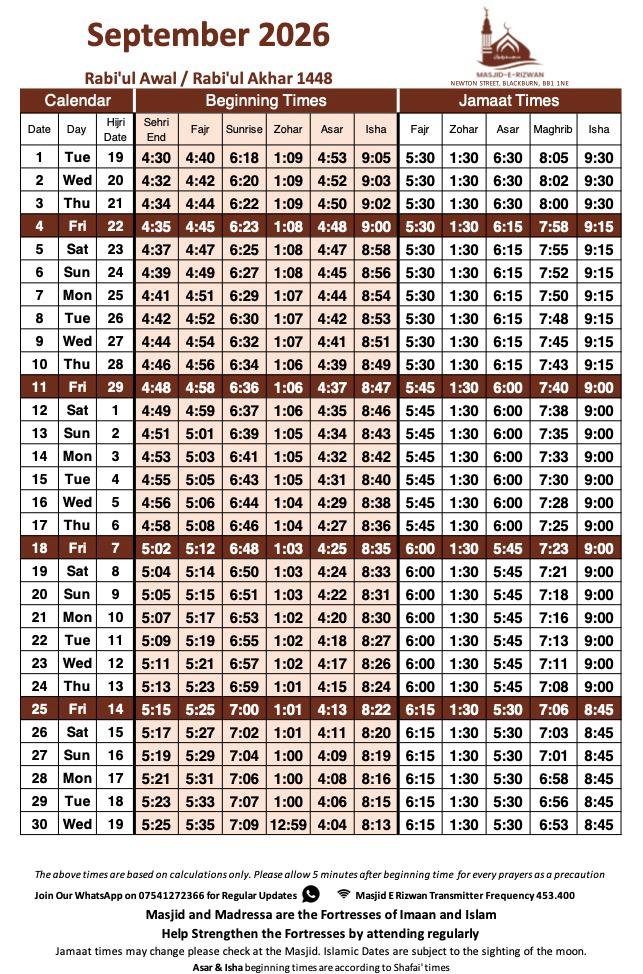 Timetable published by Masjid-e-Rizwan for September 2026