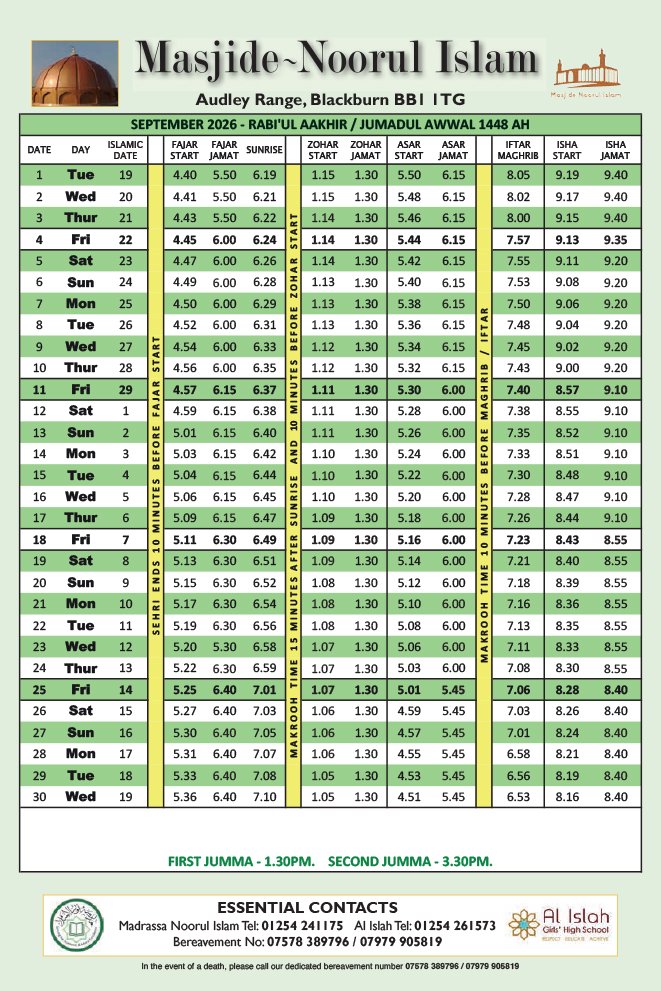 Timetable published by Masjide Noorul Islam (Audley) for September 2026