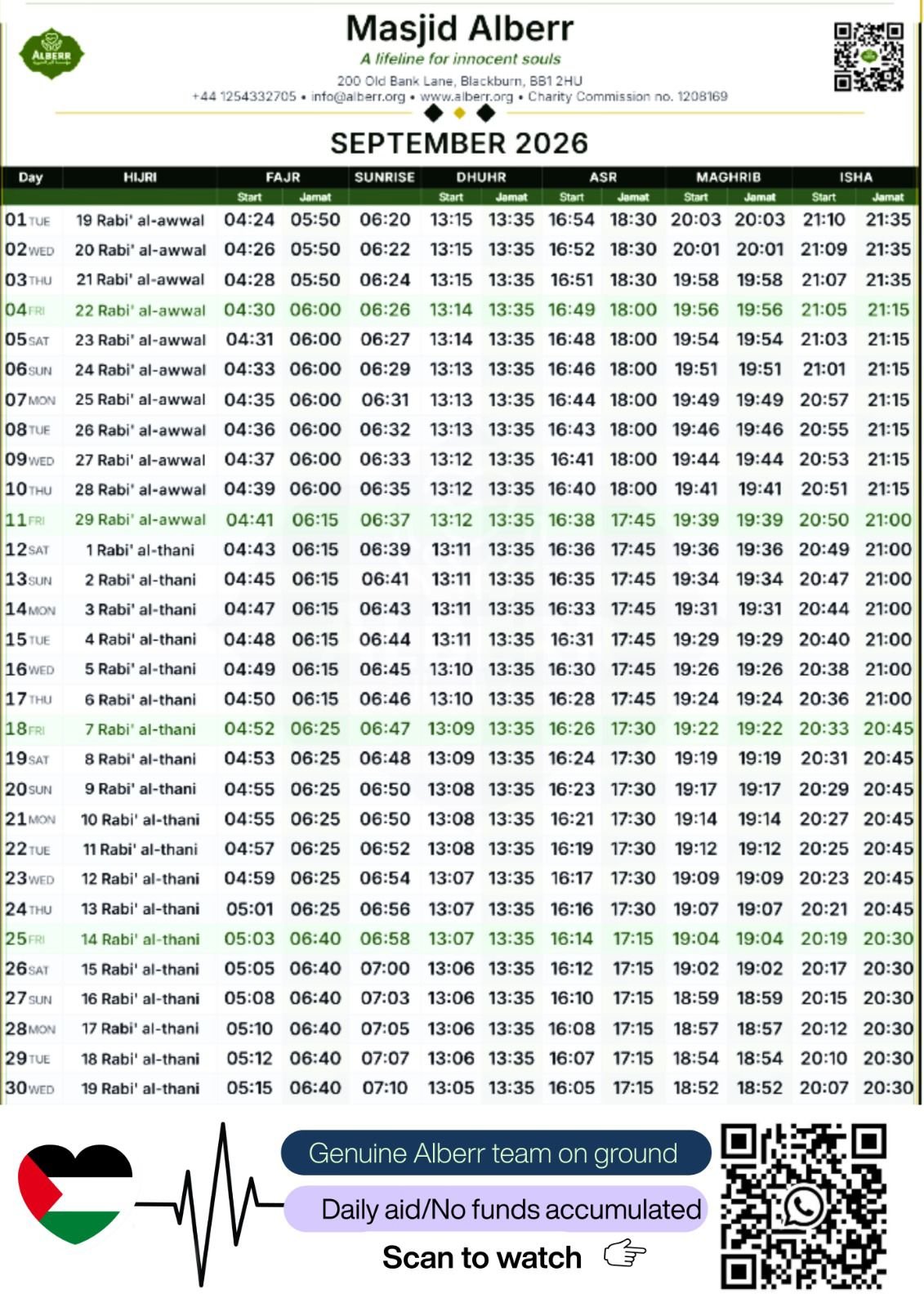 Timetable published by Masjid Al Berr for September 2026