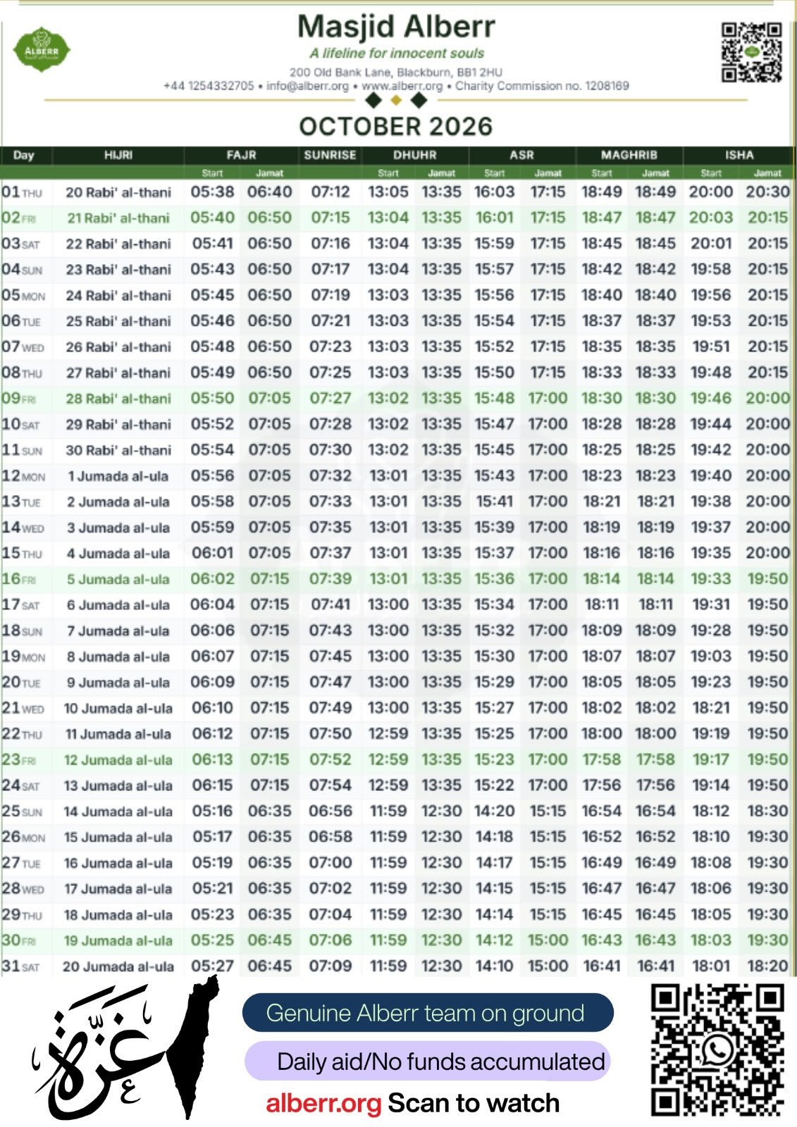 Timetable published by Masjid Al Berr for October 2026