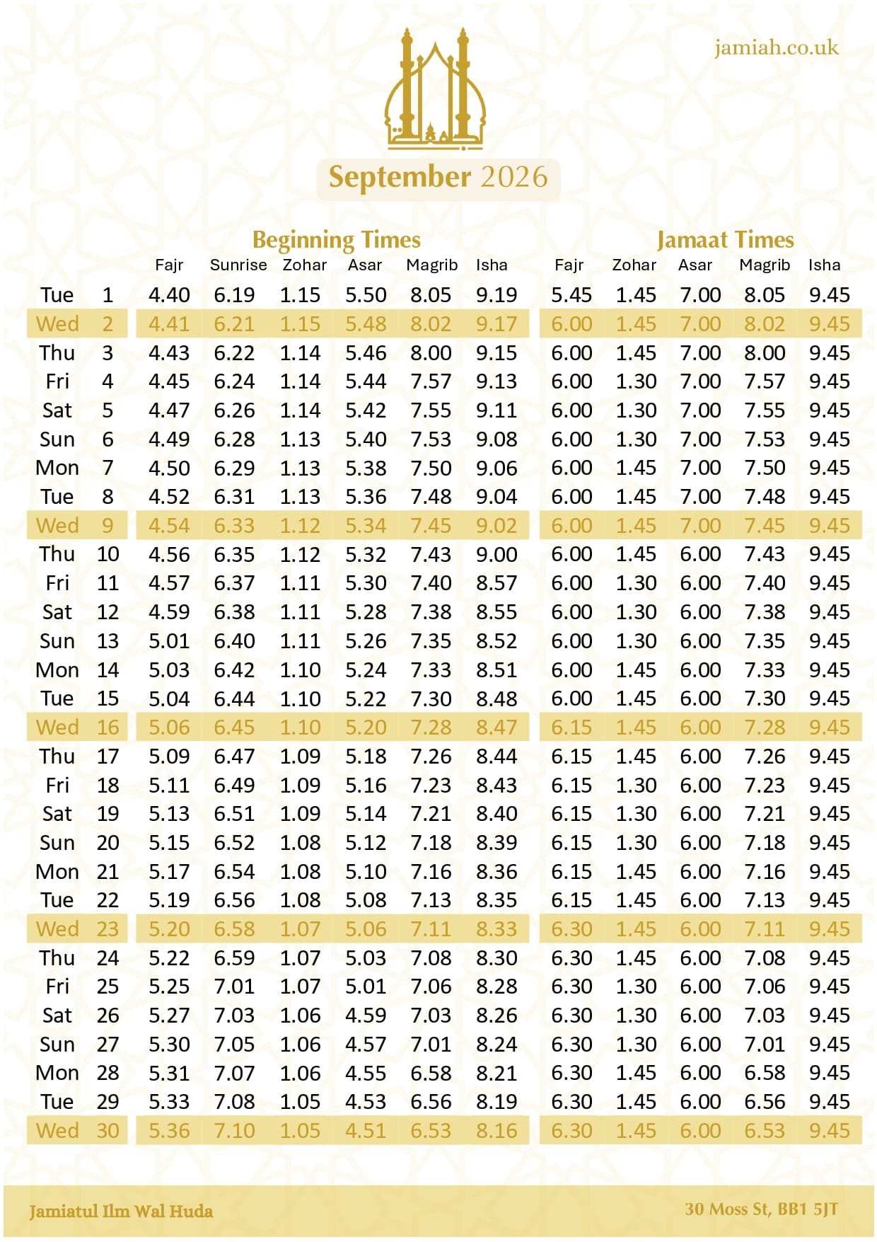 Timetable published by Jamiatul Ilm Wal Huda for September 2026
