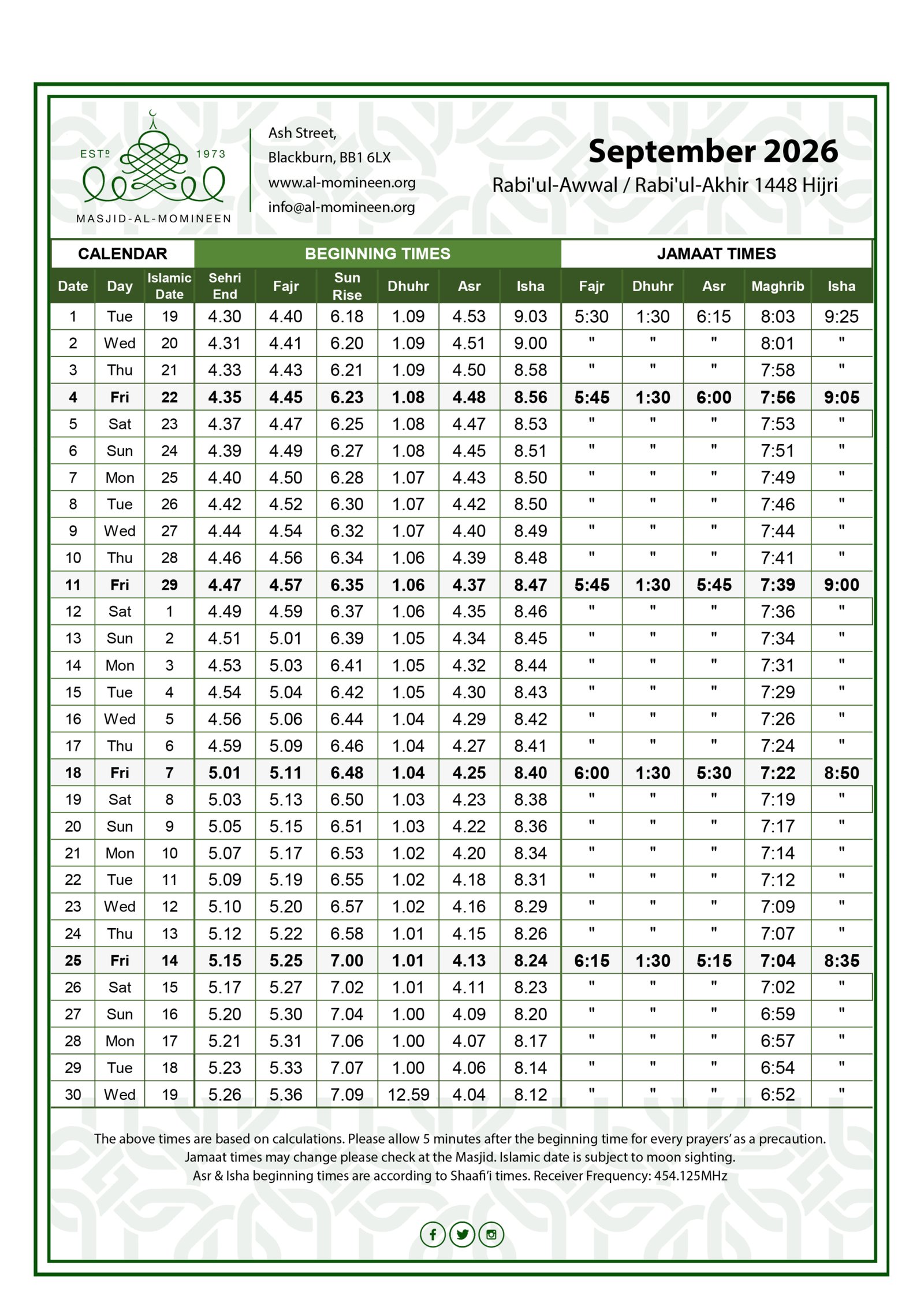 Timetable published by Masjid Al-Momineen for September 2026