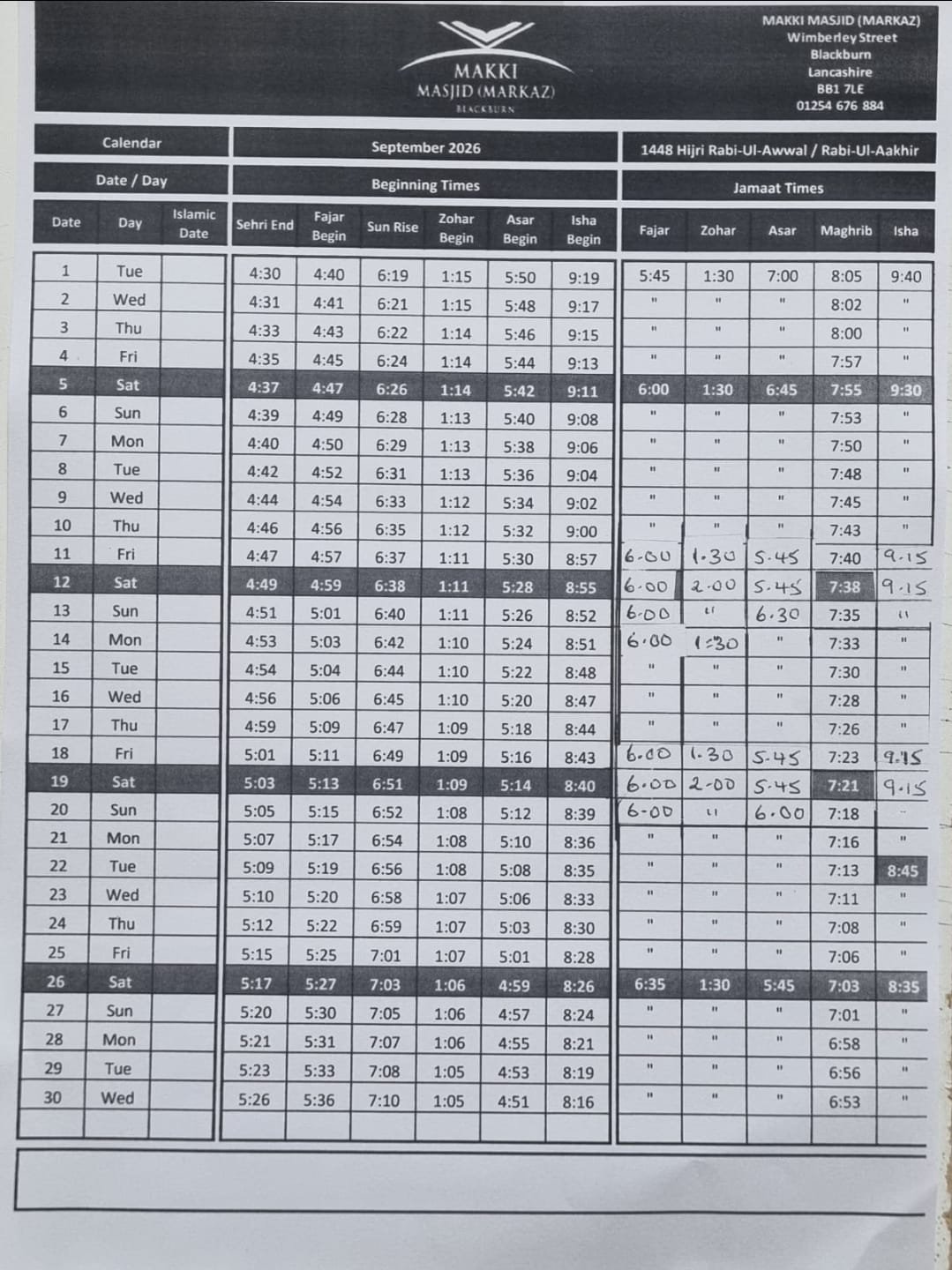 Timetable published by (Blackburn Markaz) Makki Masjid for September 2026
