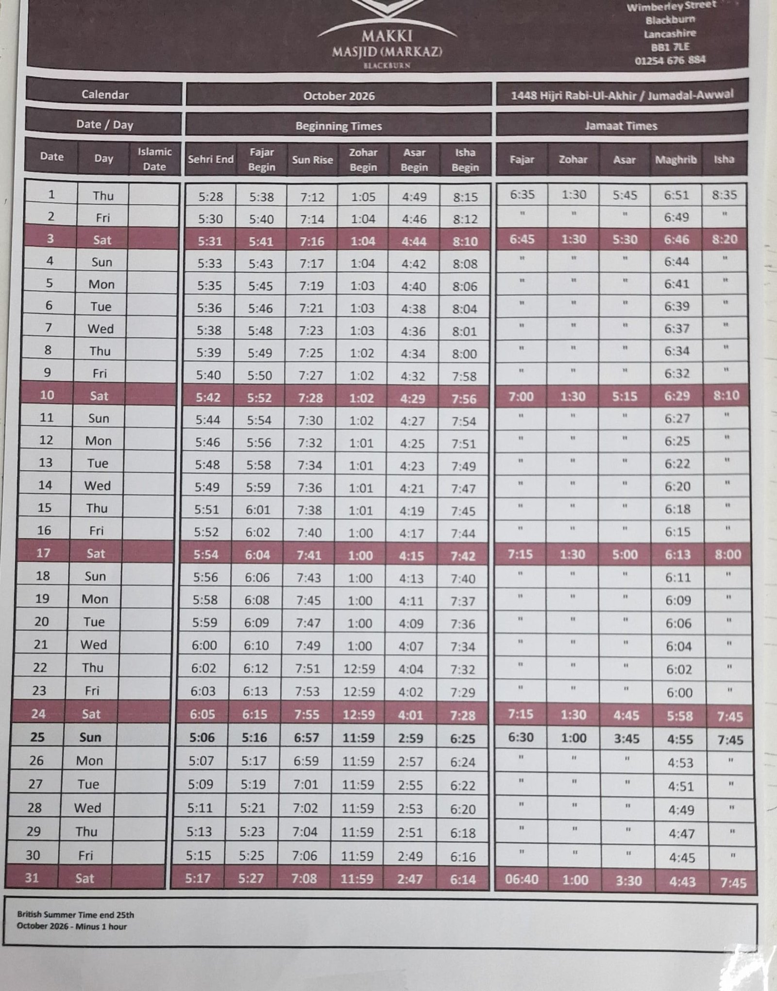Timetable published by (Blackburn Markaz) Makki Masjid for October 2026