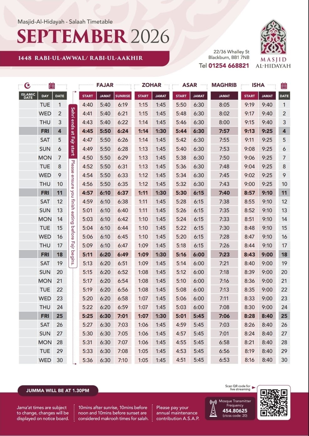 Timetable published by (Milham) Masjid Al-Hidayah for September 2026
