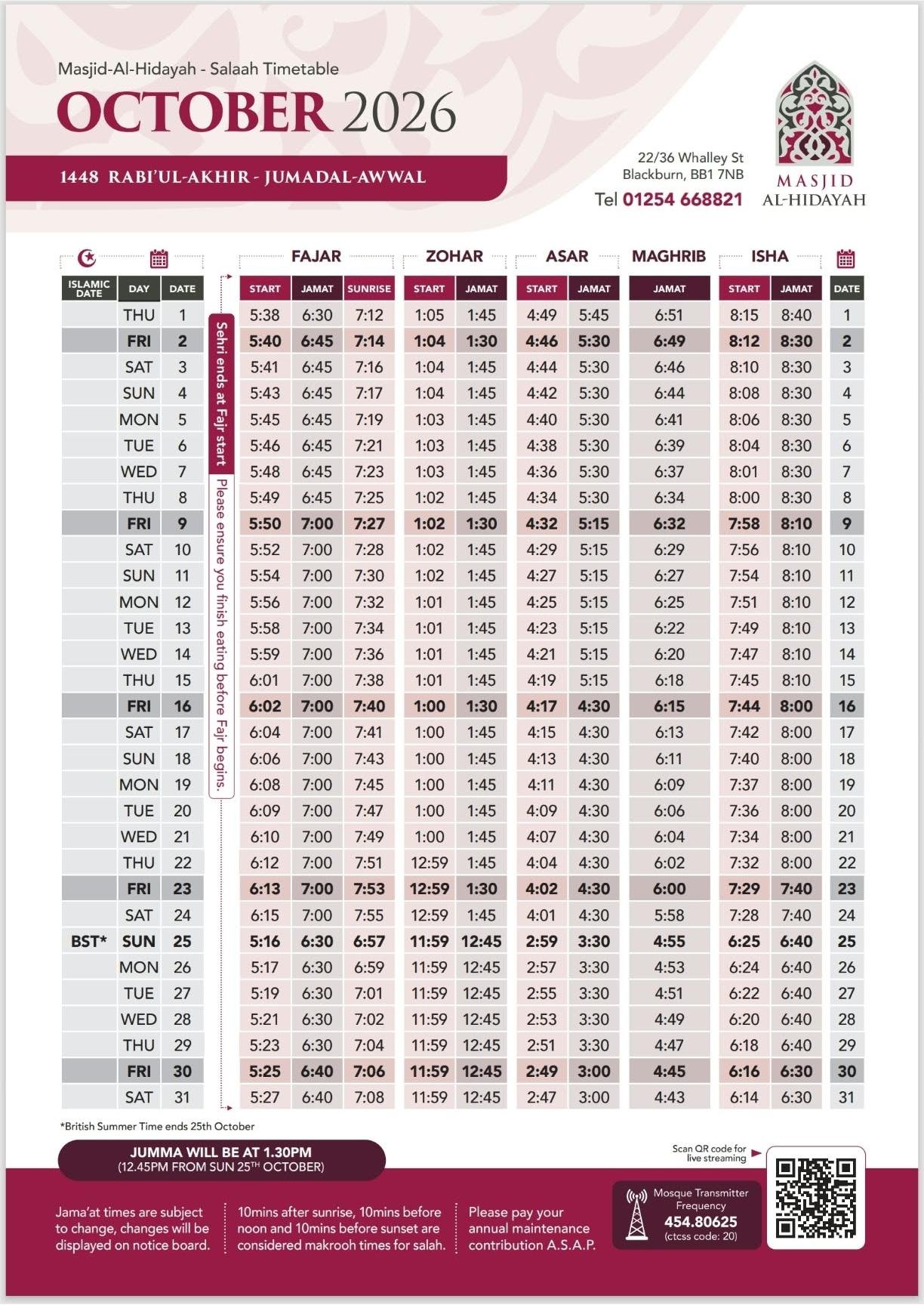 Timetable published by Masjid Al-Hidayah (Millham) for October 2026