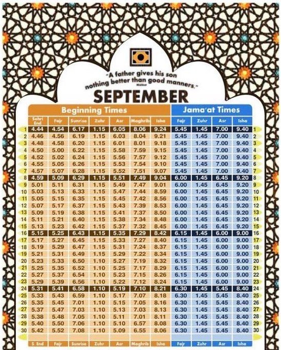 Timetable published by Mohaddis-E-Azam Mission Education Centre for September 2026