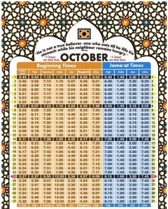 Timetable published by Mohaddis-E-Azam Mission Education Centre for October 2026