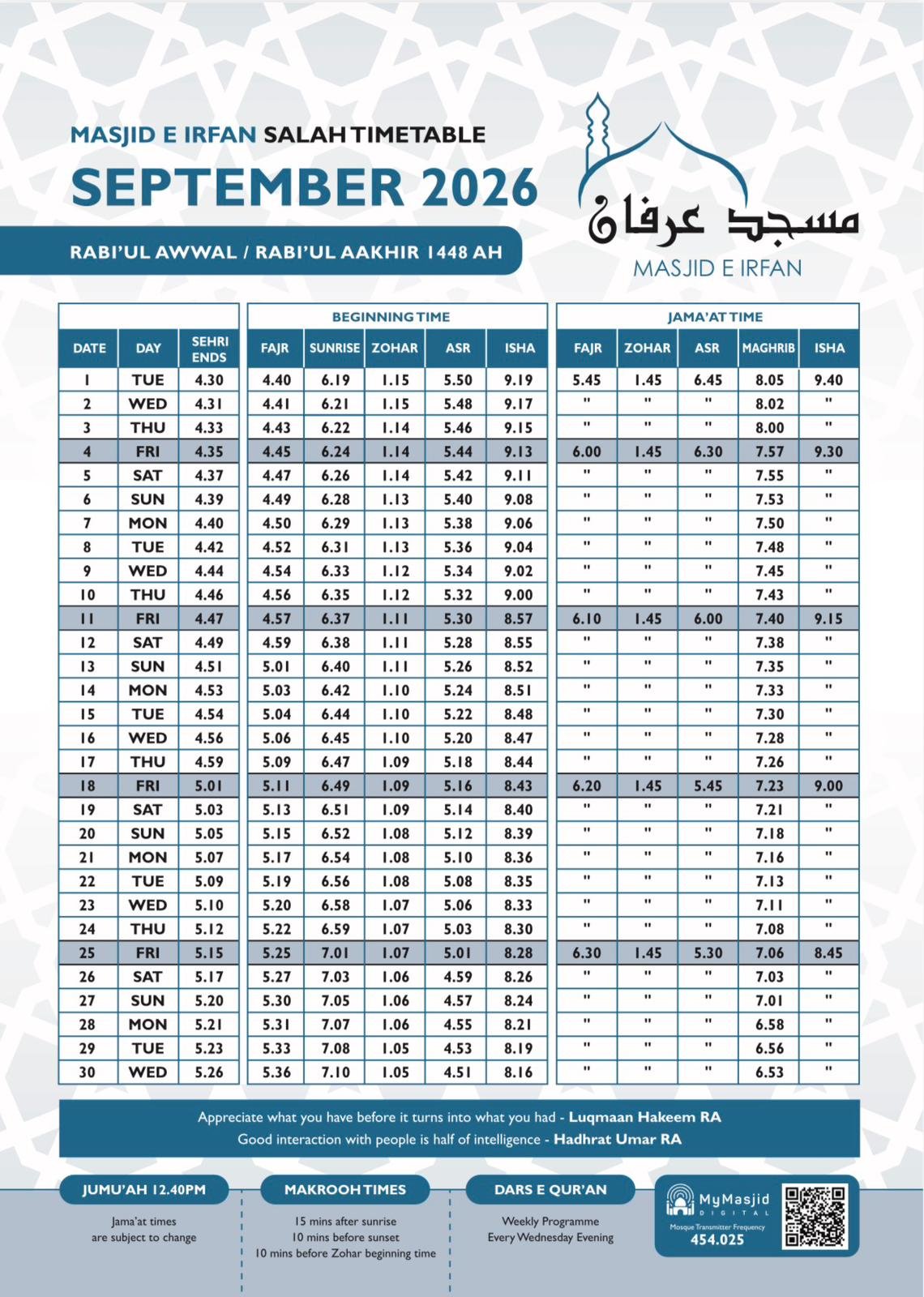 Timetable published by (Eldon) Masjid-e-Irfan for September 2026