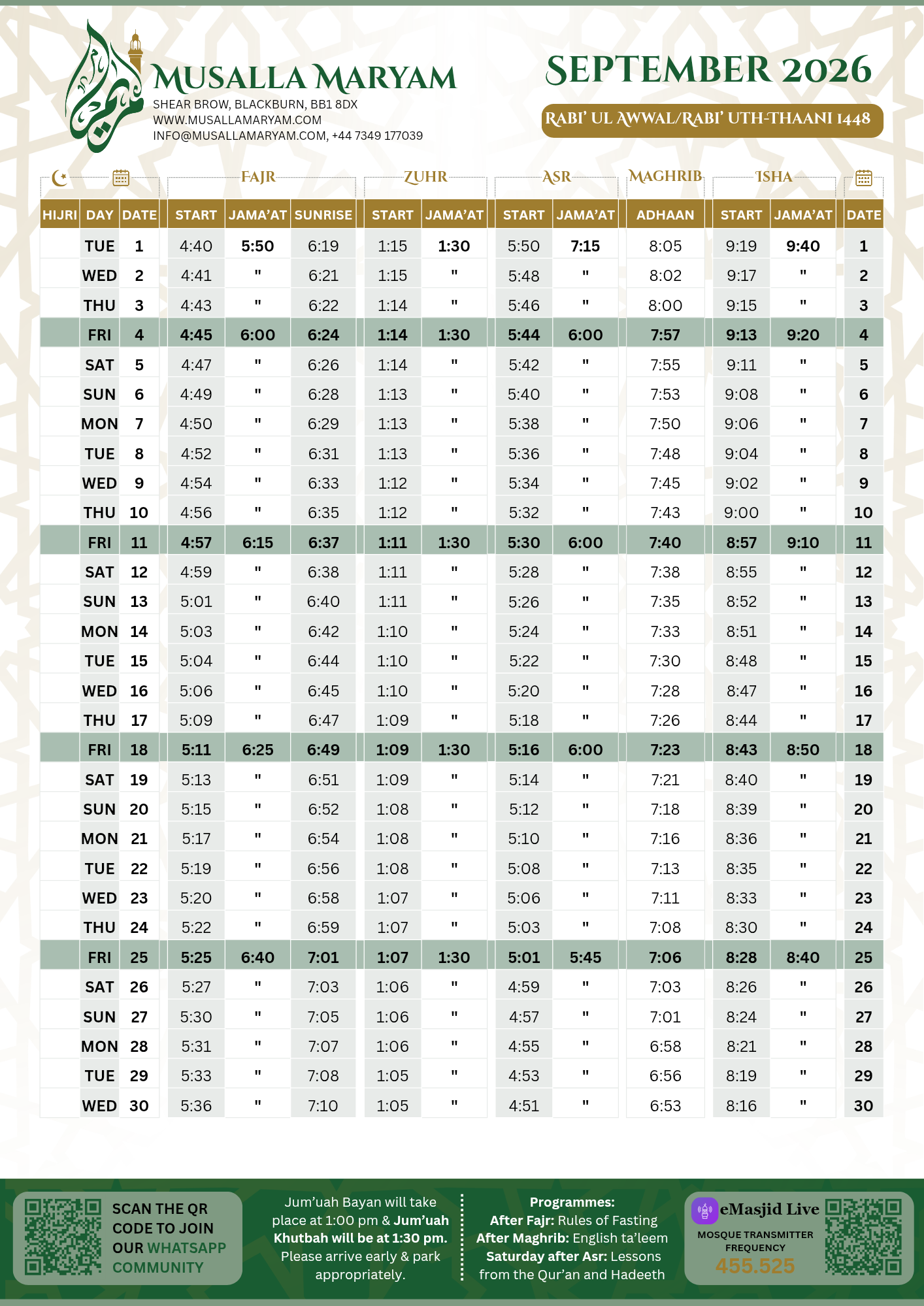 Timetable published by Musalla-e-Maryam for September 2026