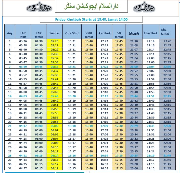 Timetable published by Darussalam Masjid & Education Centre for September 2026