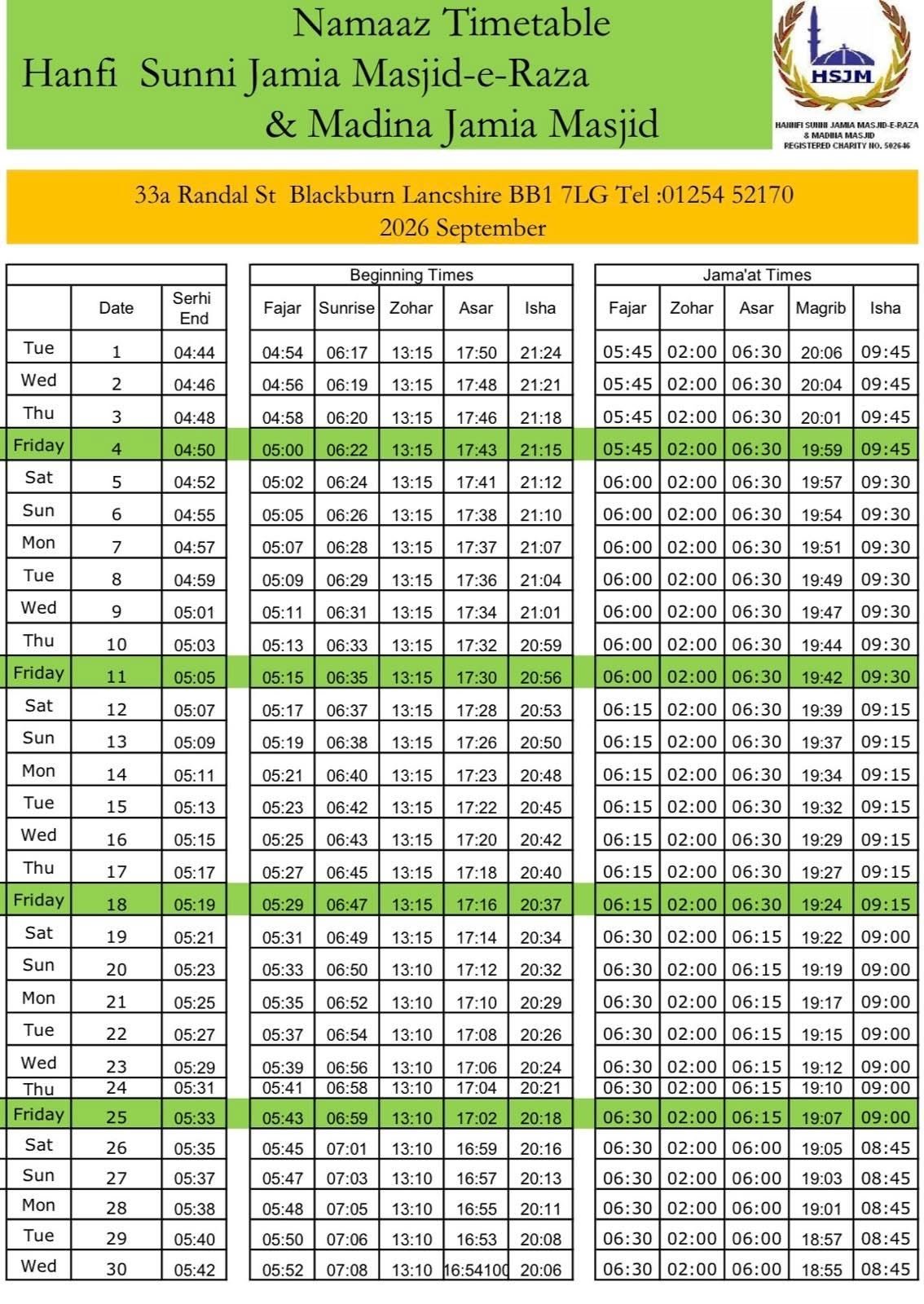 Timetable published by Jamia Madina Masjid for September 2026